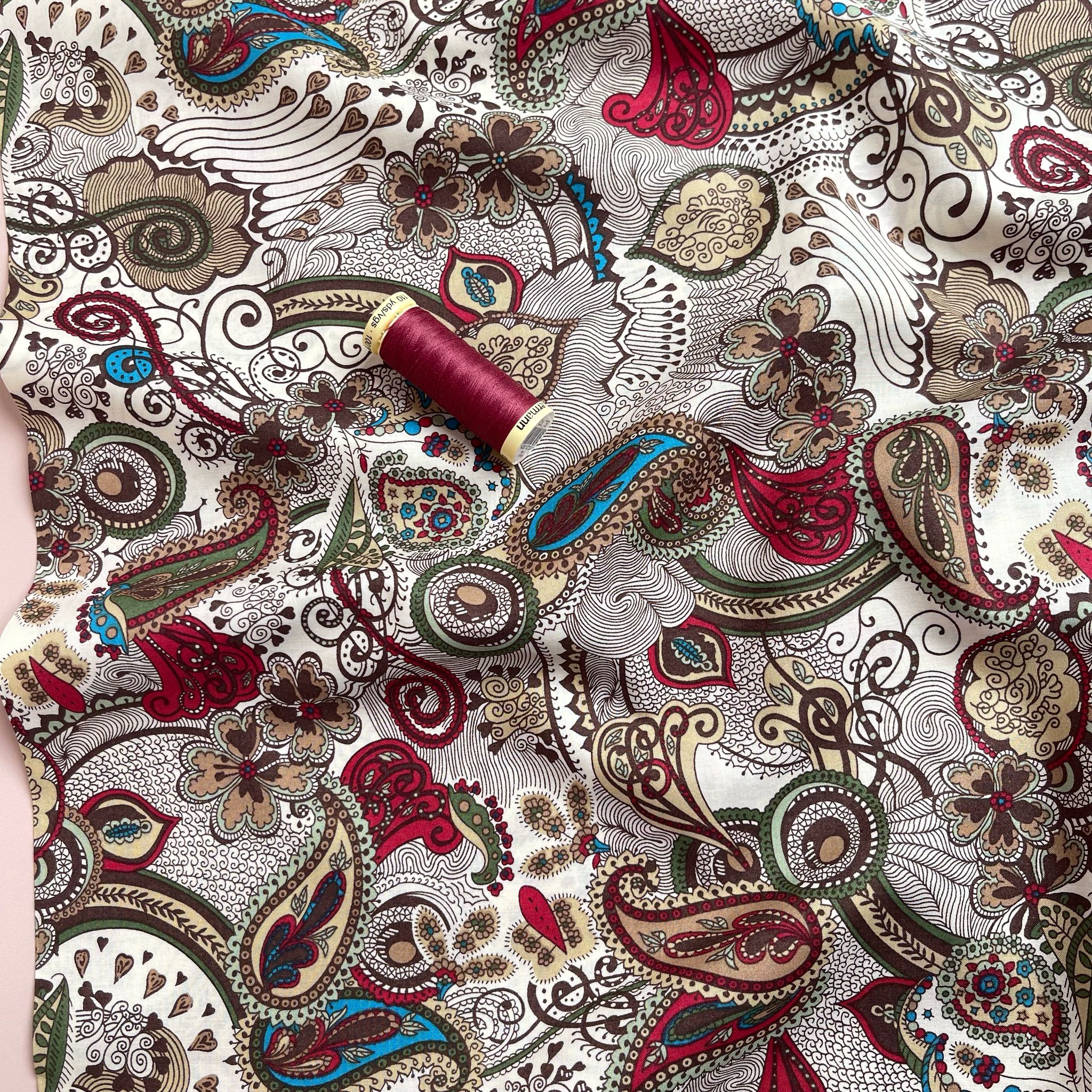 Autumn Paisley on White Cotton Lawn Fabric