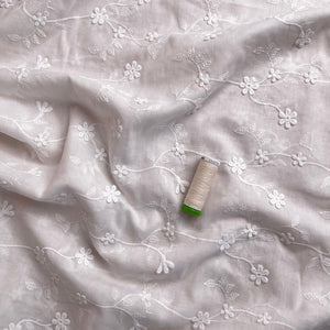 Floral Vines White Cotton Voile Broderie Anglaise Fabric