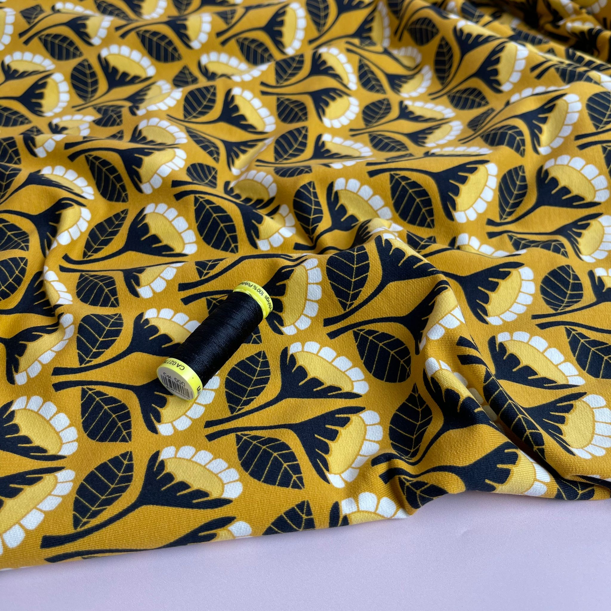 Monochrome Flowers on Yellow Cotton French Terry