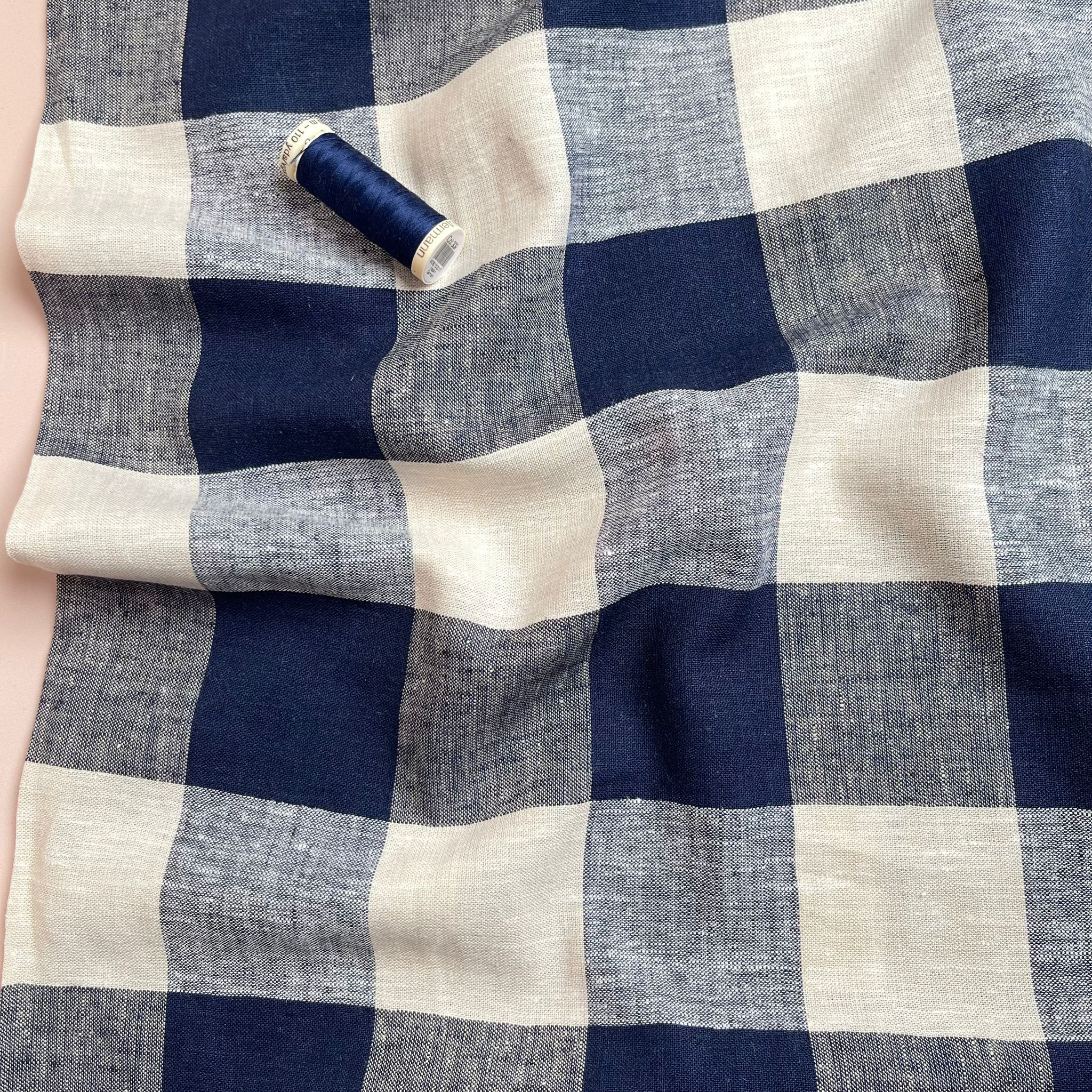 Yarn Dyed Navy Gingham Viscose Linen Fabric