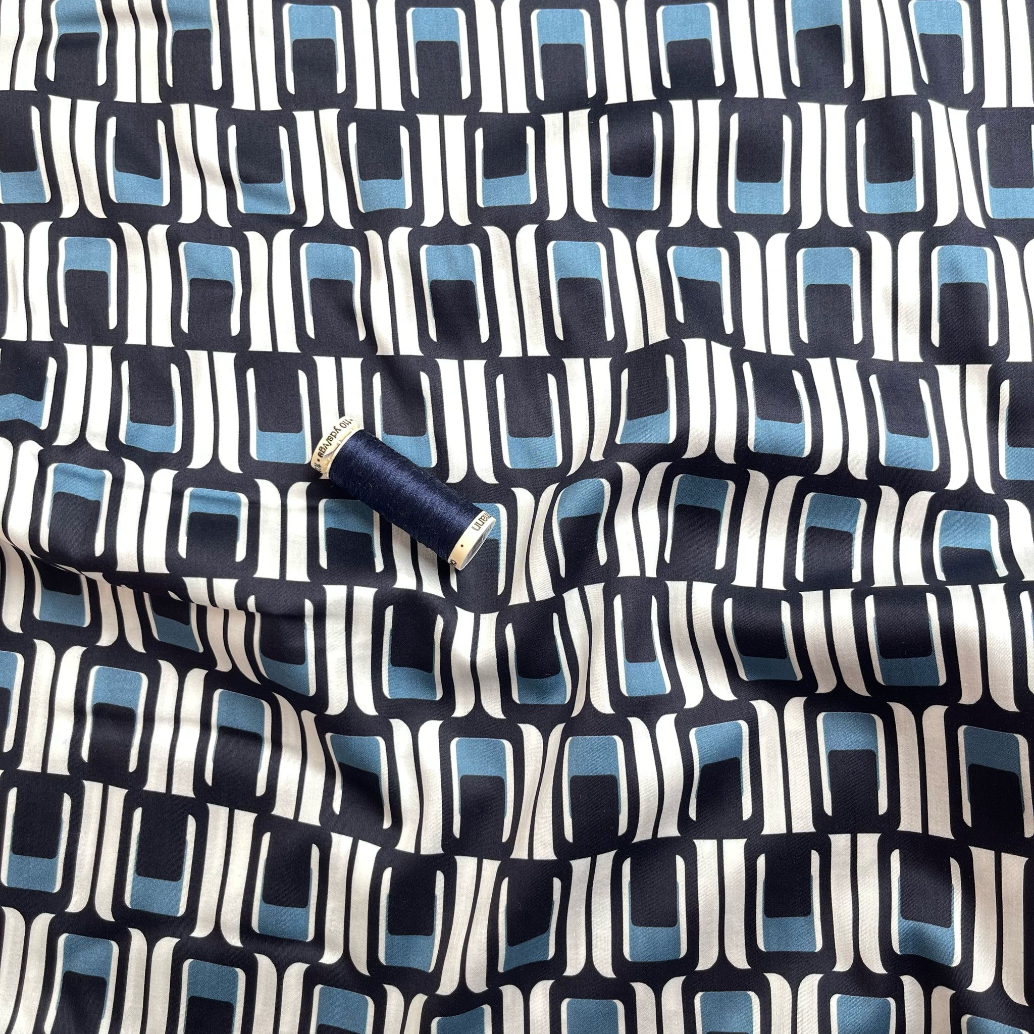 Deadstock Navy and Blue Geo Cotton Sateen Fabric