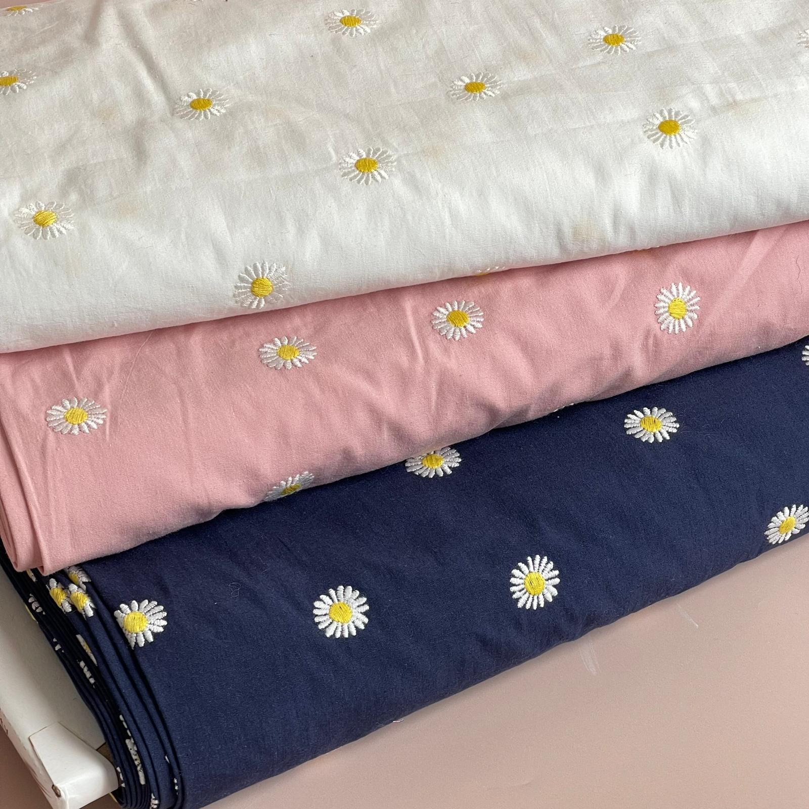 Embroidered Daisies on Navy Cotton Poplin