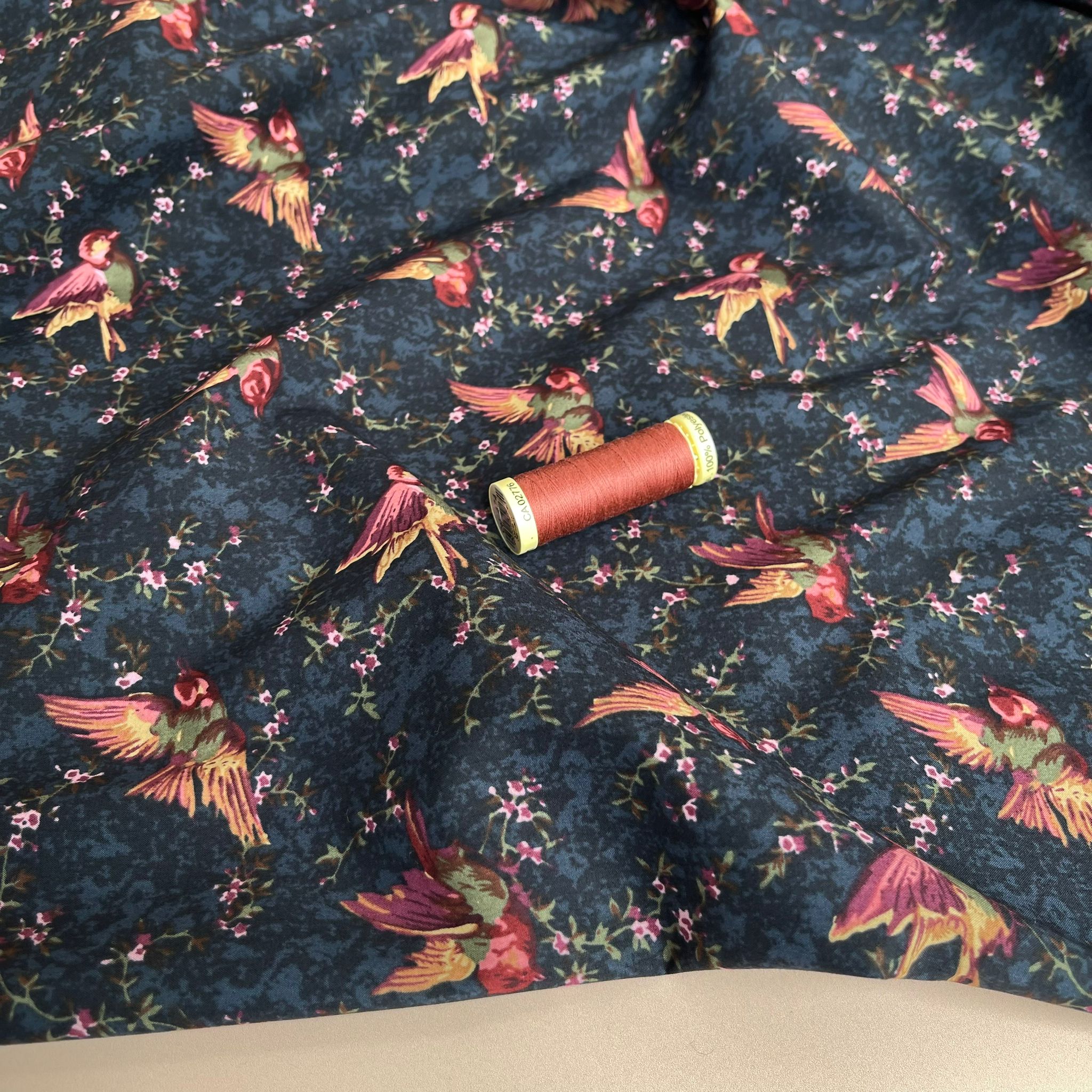 REMNANT 0.48 metre - Deadstock Birds on Navy Cotton Lawn Fabric