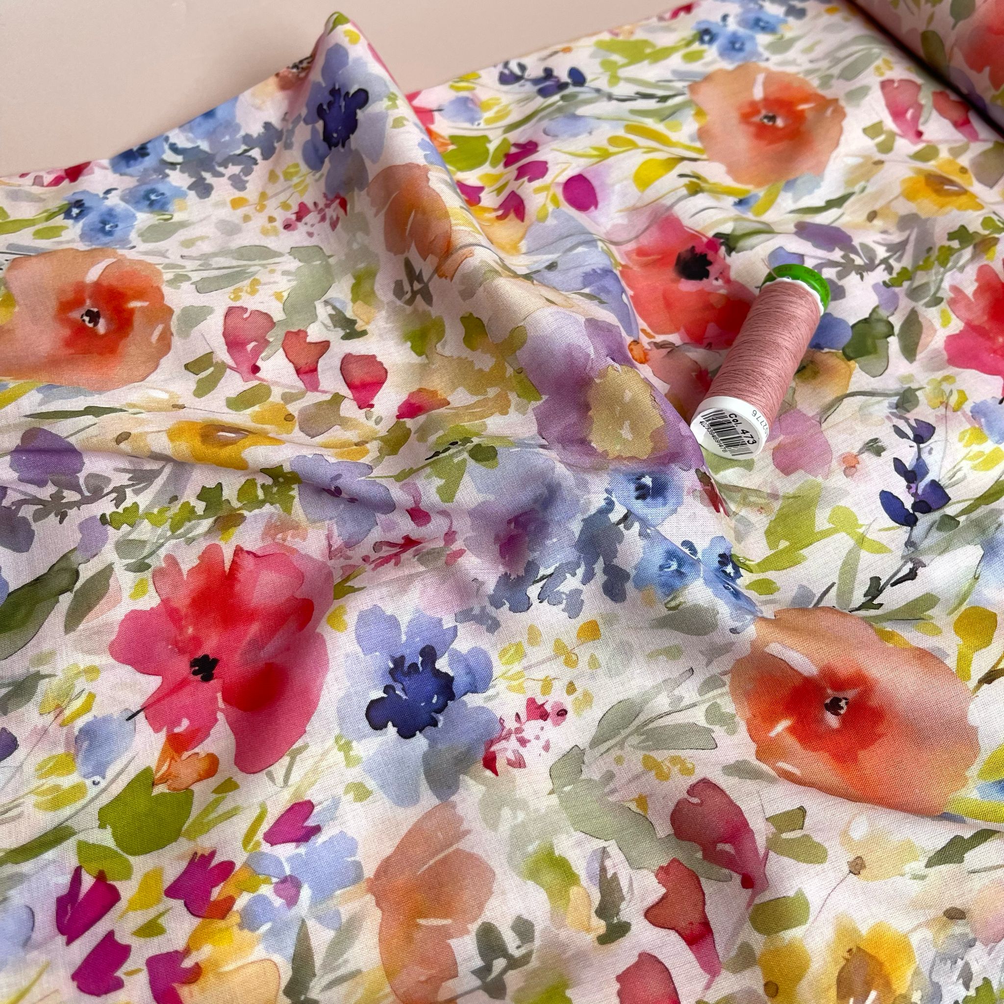 REMNANT 2.8 Metres - Watercolour Spring Meadow Cotton Voile Fabric