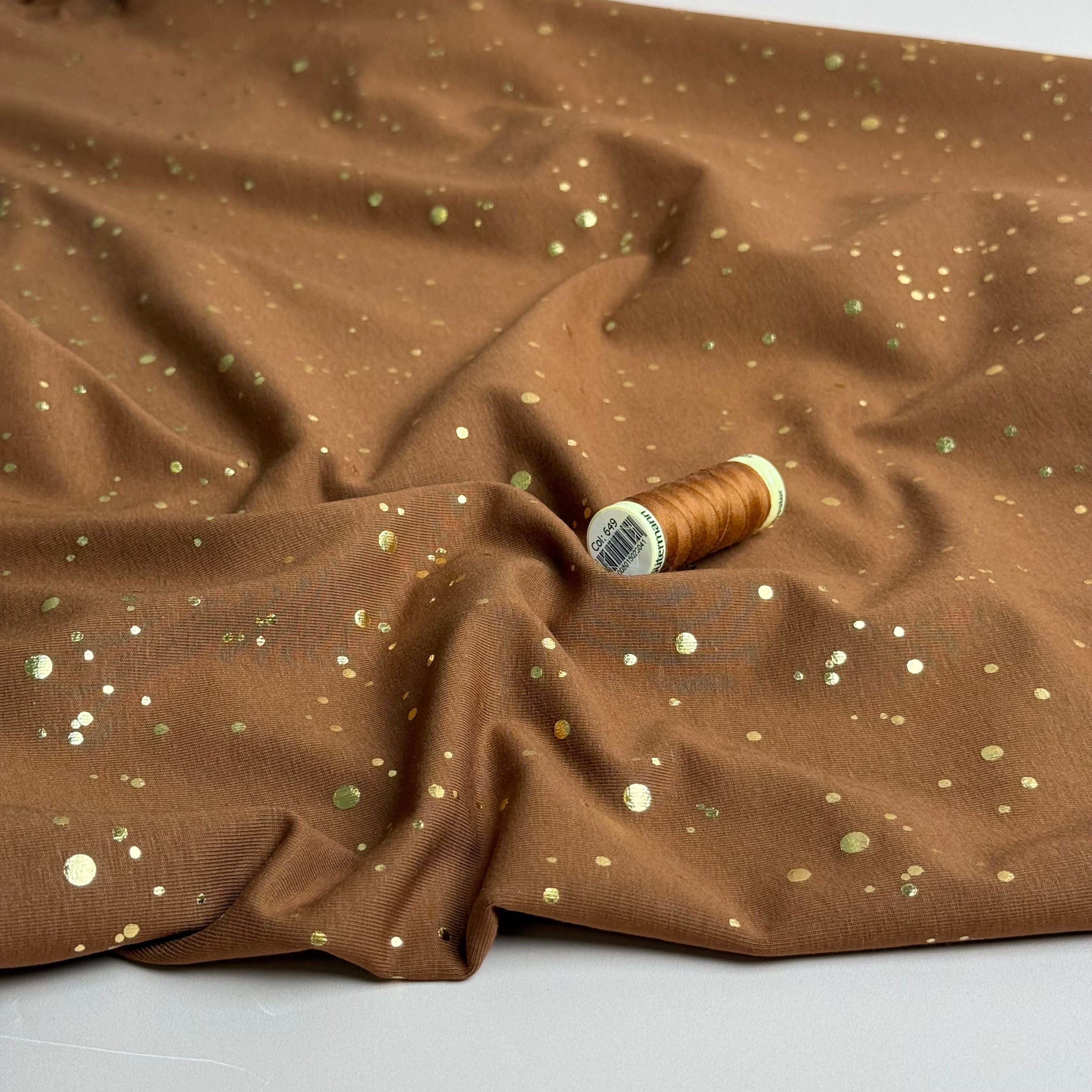 Gold Confetti on Brown Cotton Jersey Fabric