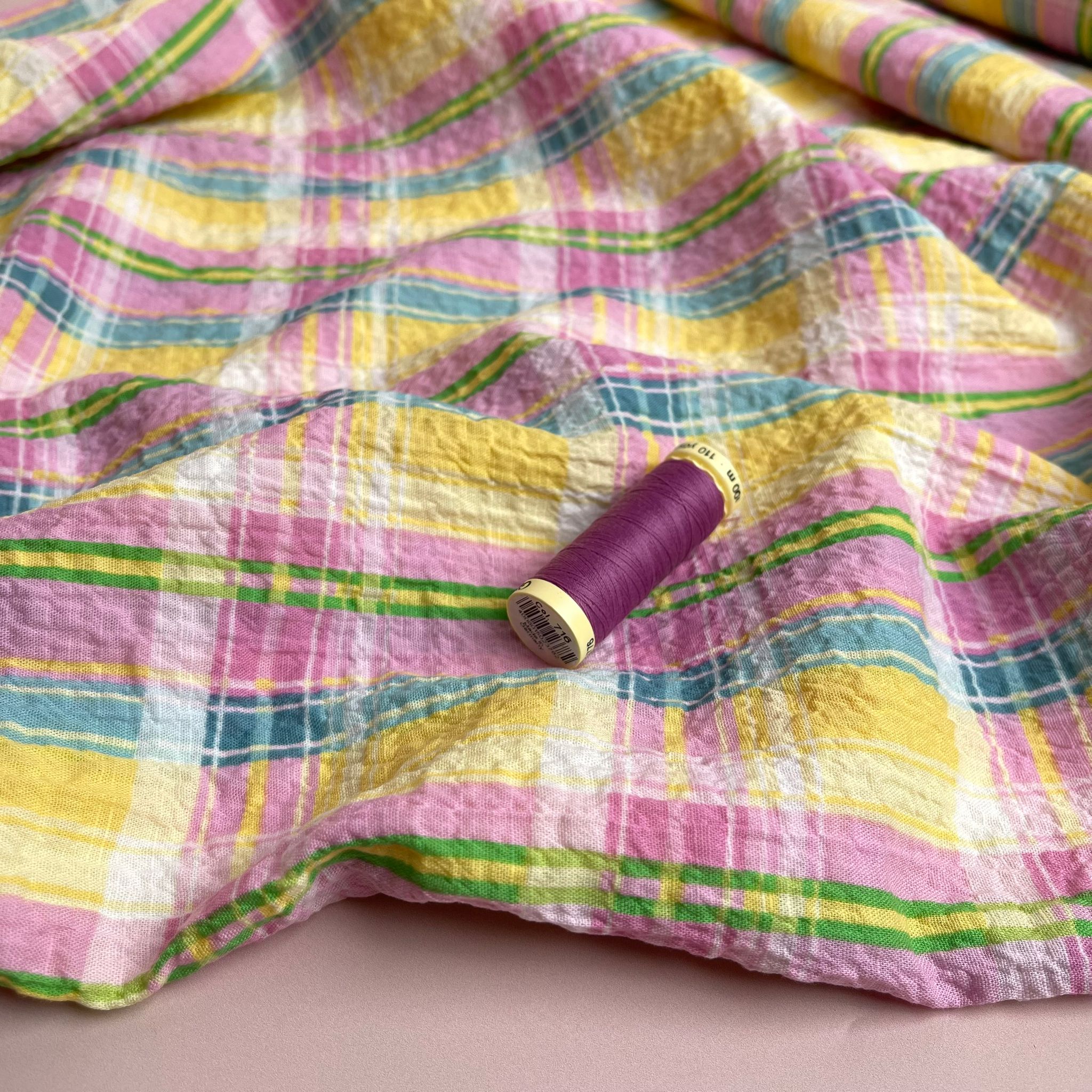 Ex-Designer Deadstock Rainbow Check Cotton Seersucker Fabric