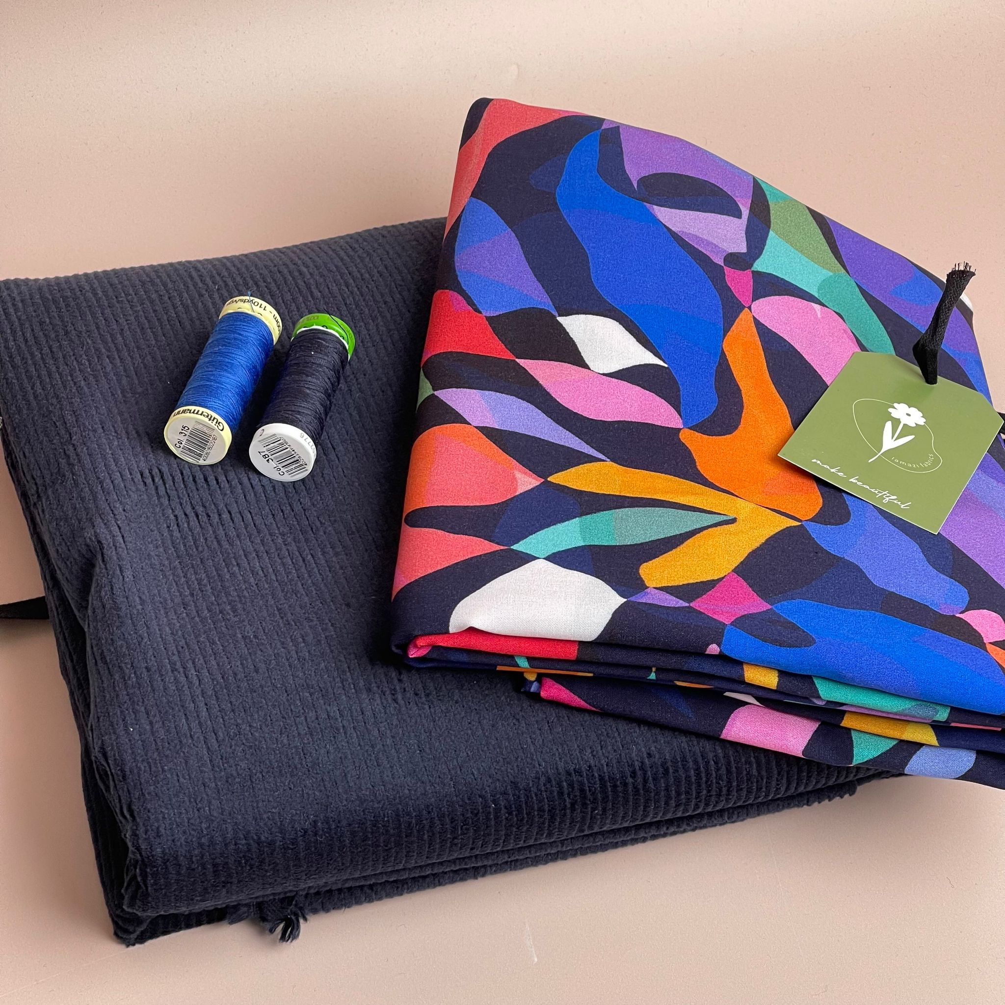 Make an Outfit Colour Bundle - Rainbow Leaves Viscose and Washed Corduroy in Navy