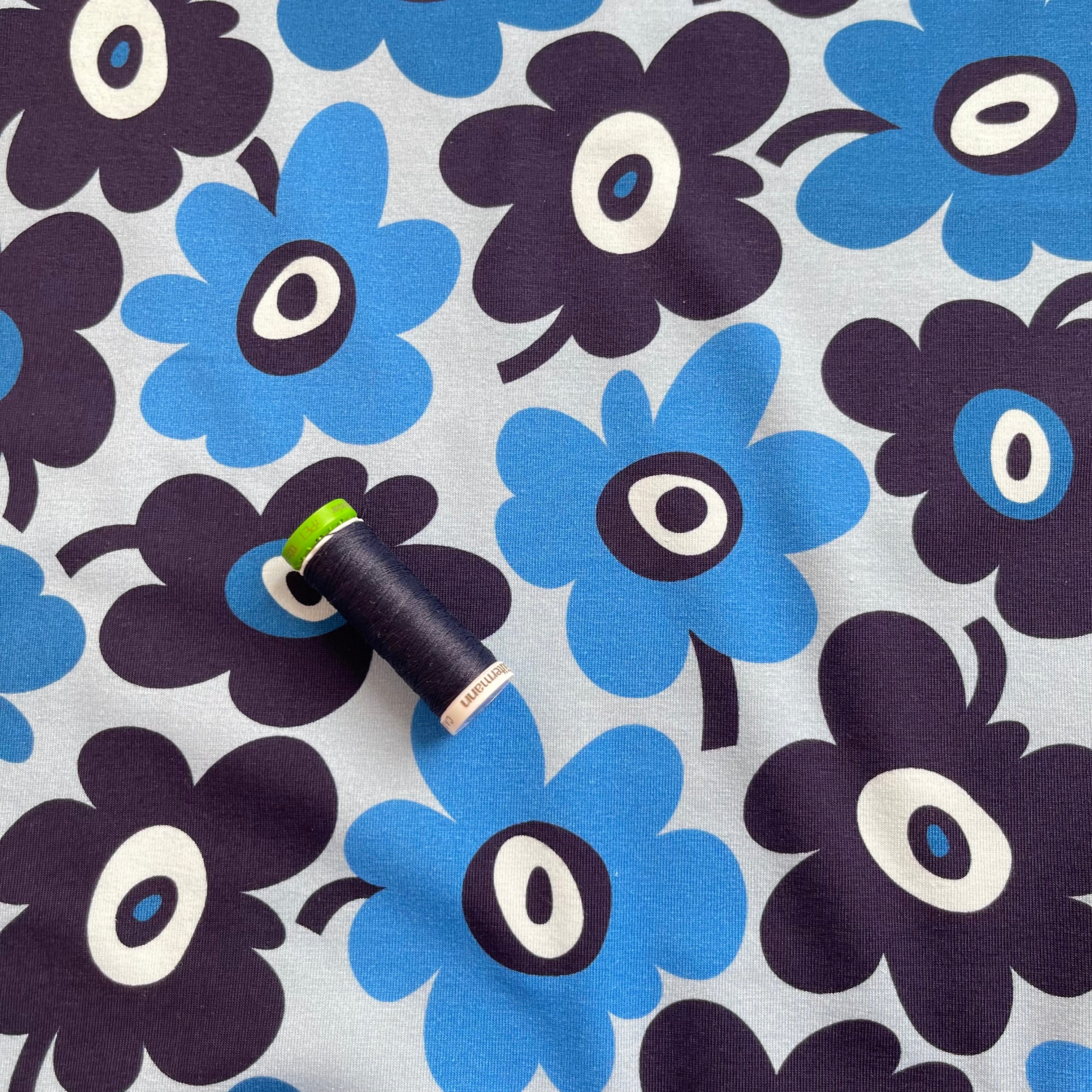 REMNANT 0.5 Metre - Danish Design - Graphic Flowers Blue Cotton Jersey Fabric