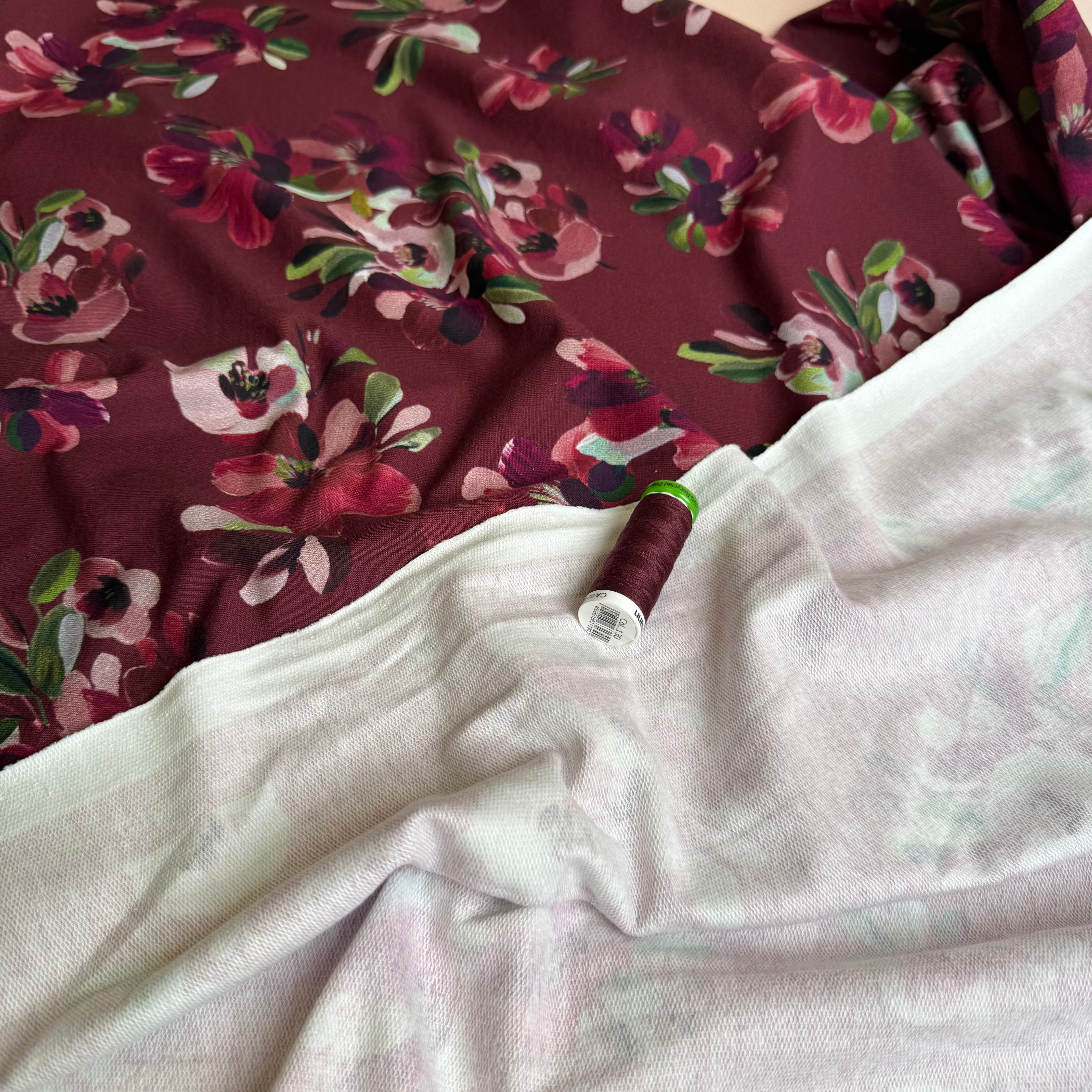Painted Petals Wine Red Cotton French Terry Fabric