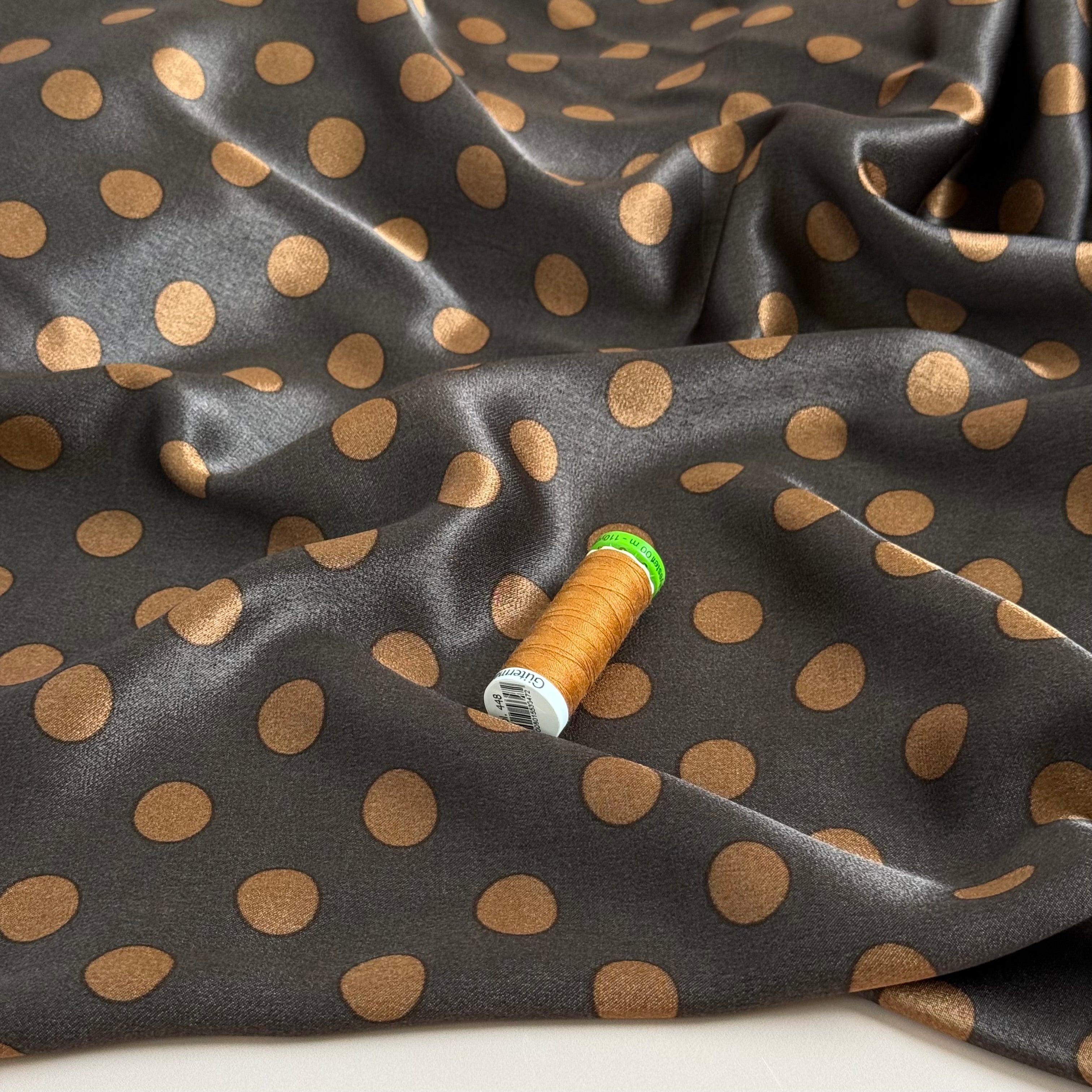 Polka Caramel on Brown Spun Viscose Sateen Fabric