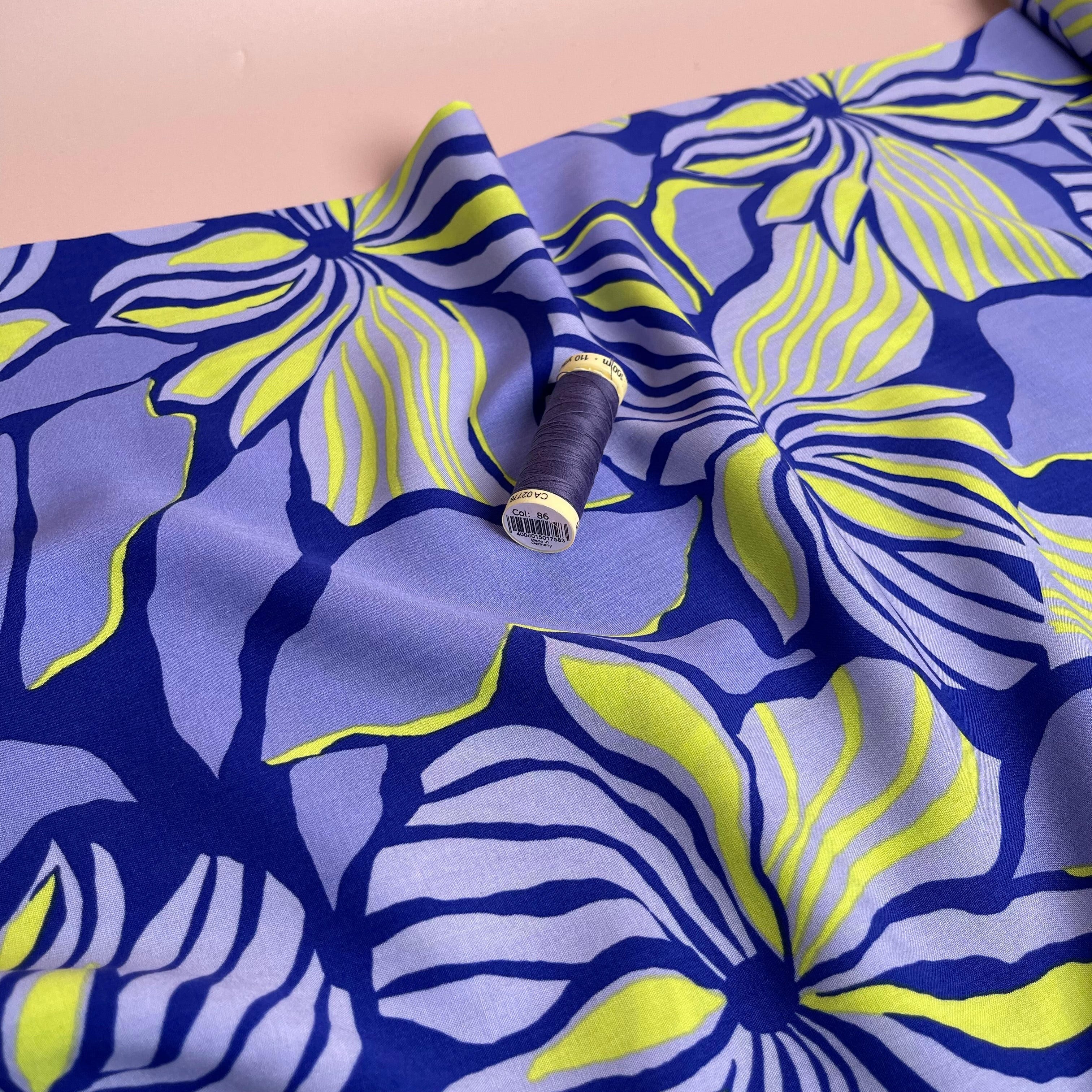 Bold Painted Flowers on Blue LENZING™ ECOVERO™ Viscose Fabric