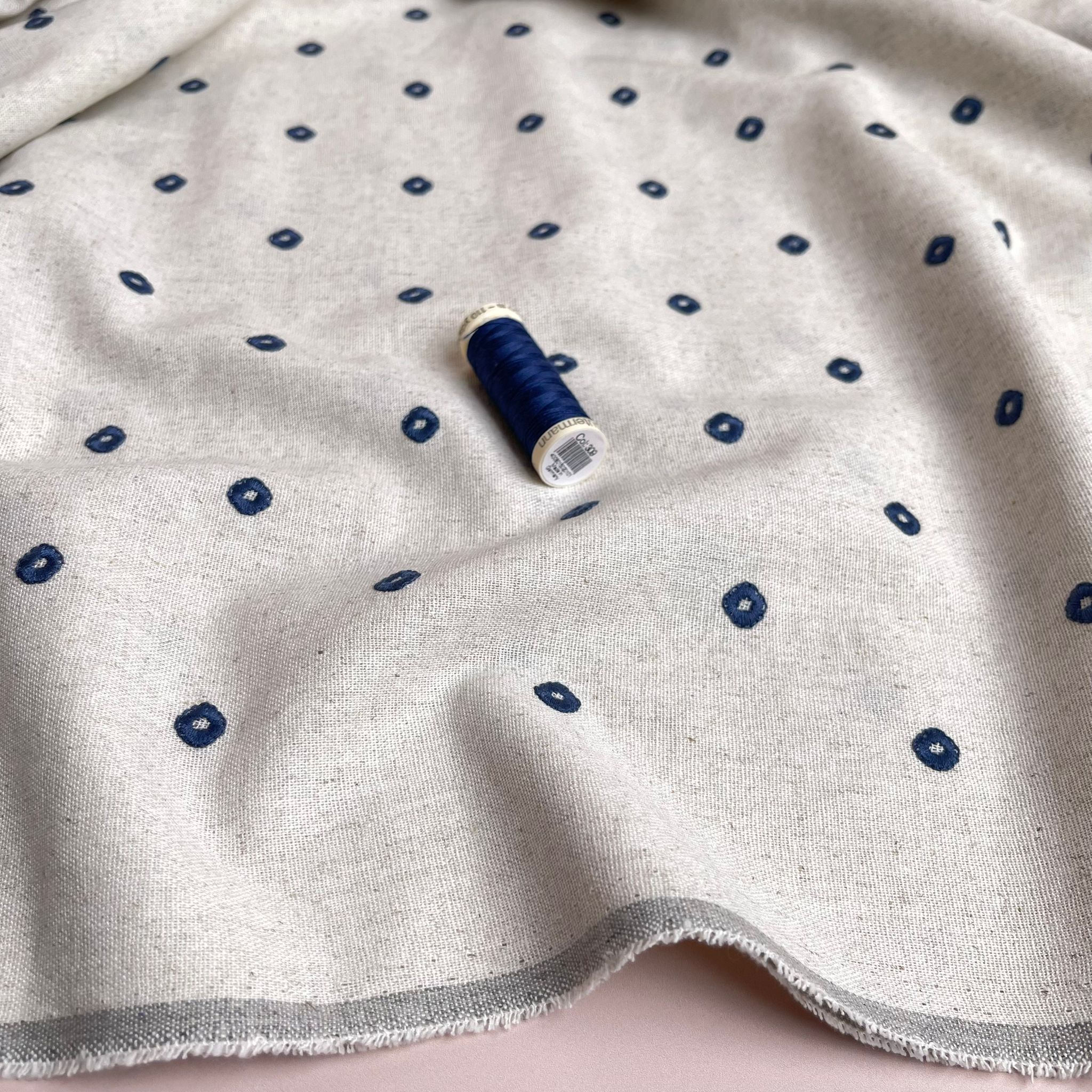 Embroidered Navy Circles on Natural Viscose Linen Blend Fabric