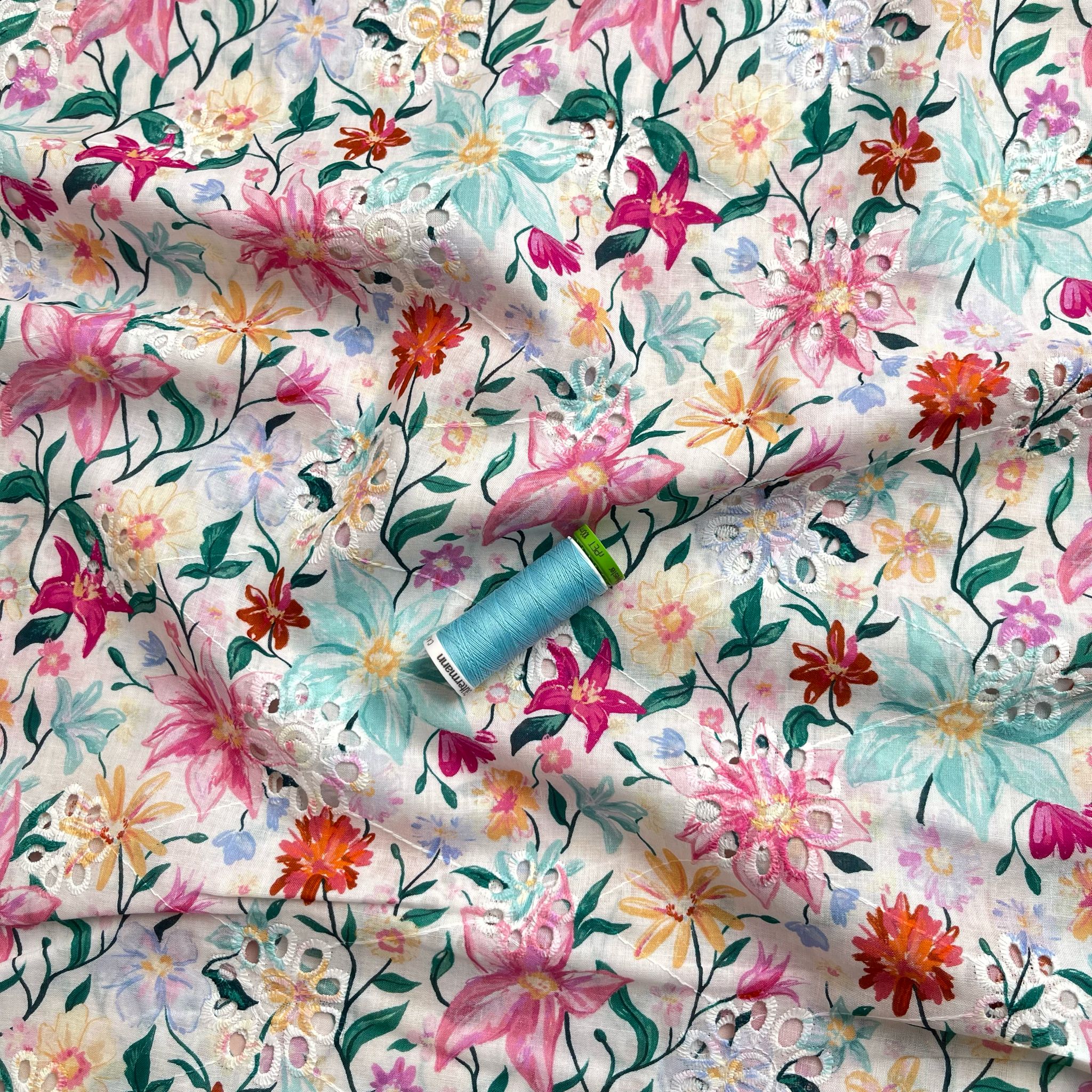 REMNANT 2.06 Metres - Spring Painted Flowers Cotton Broderie Anglaise