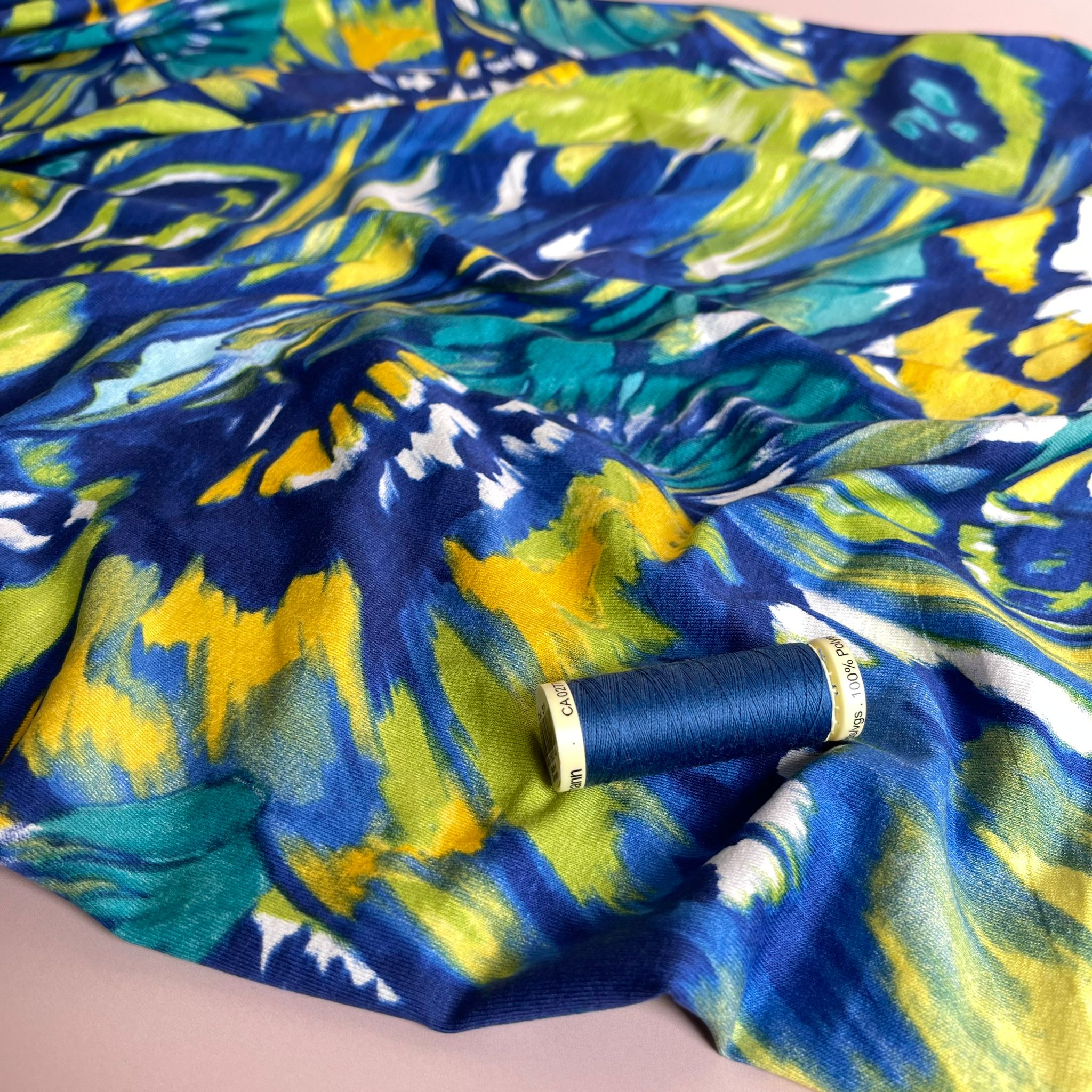 REMNANT 1.4 Metres - Butterfly Wings in Blue and Yellow Viscose Jersey Fabric
