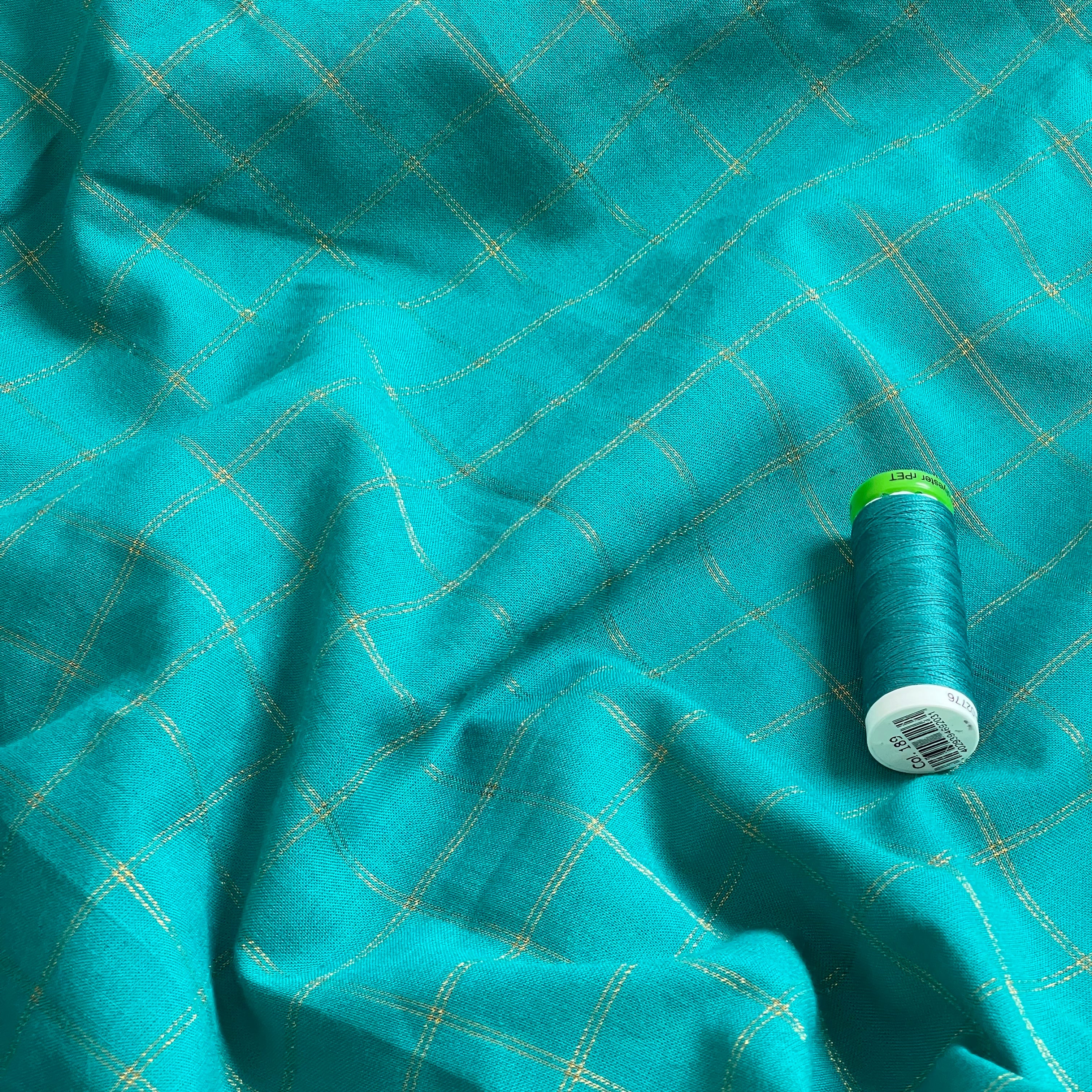 Ex Designer Deadstock - Gold Lurex Check on Teal Cotton Fabric