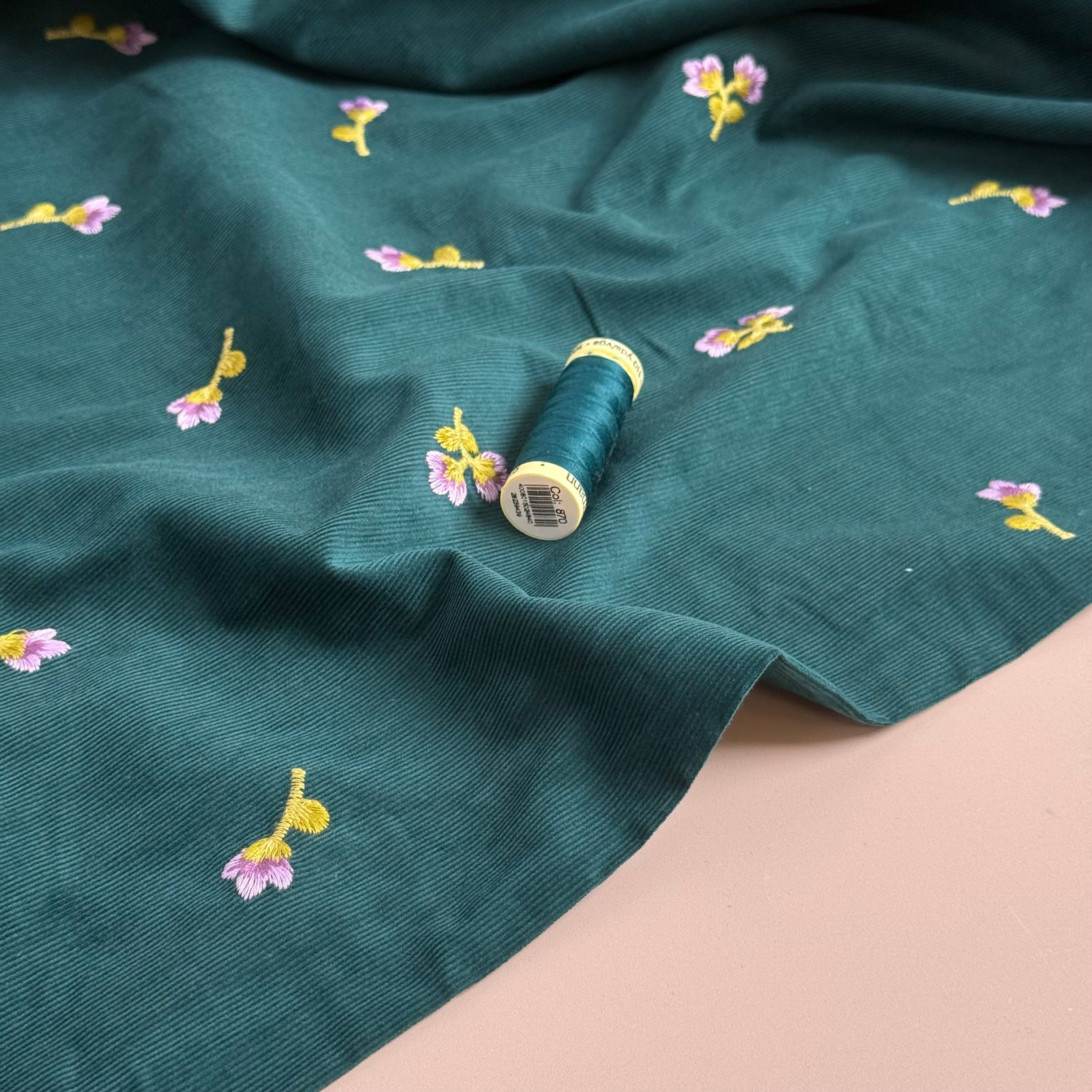 Embroidered Flowers on Teal Cotton Needlecord