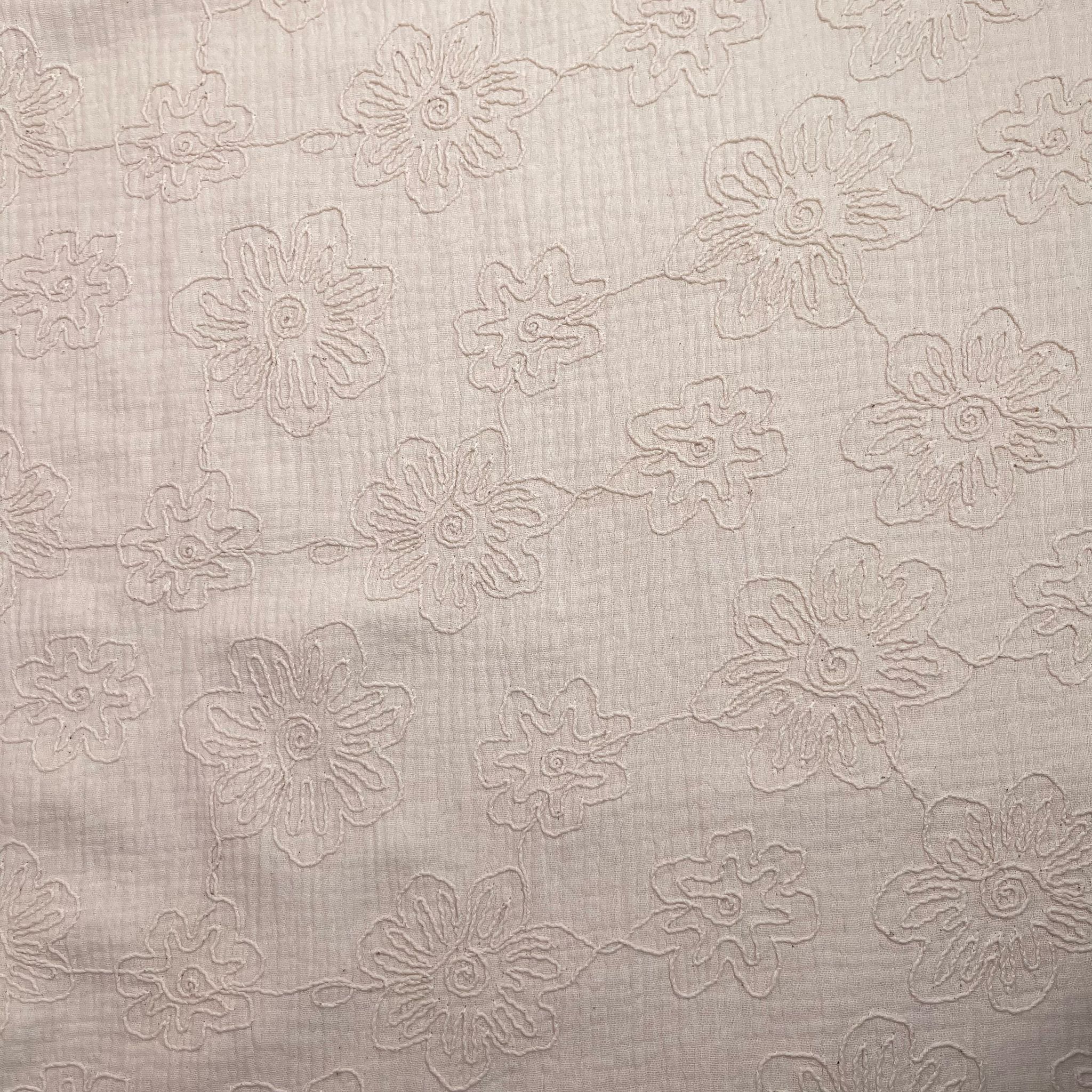 Embroidered Blooms on Neutral Beige Cotton Double Gauze