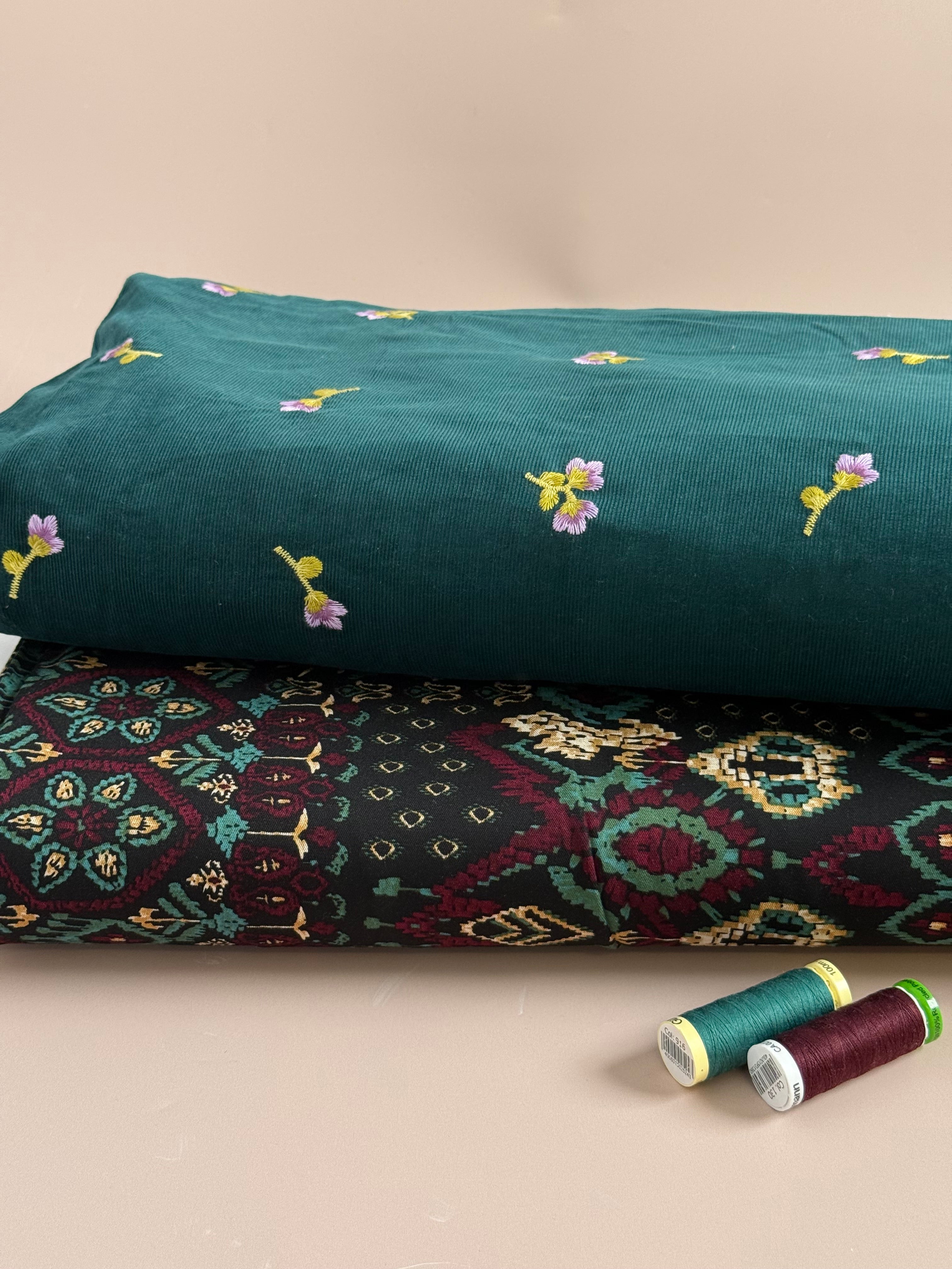 Embroidered Flowers on Teal Cotton Needlecord