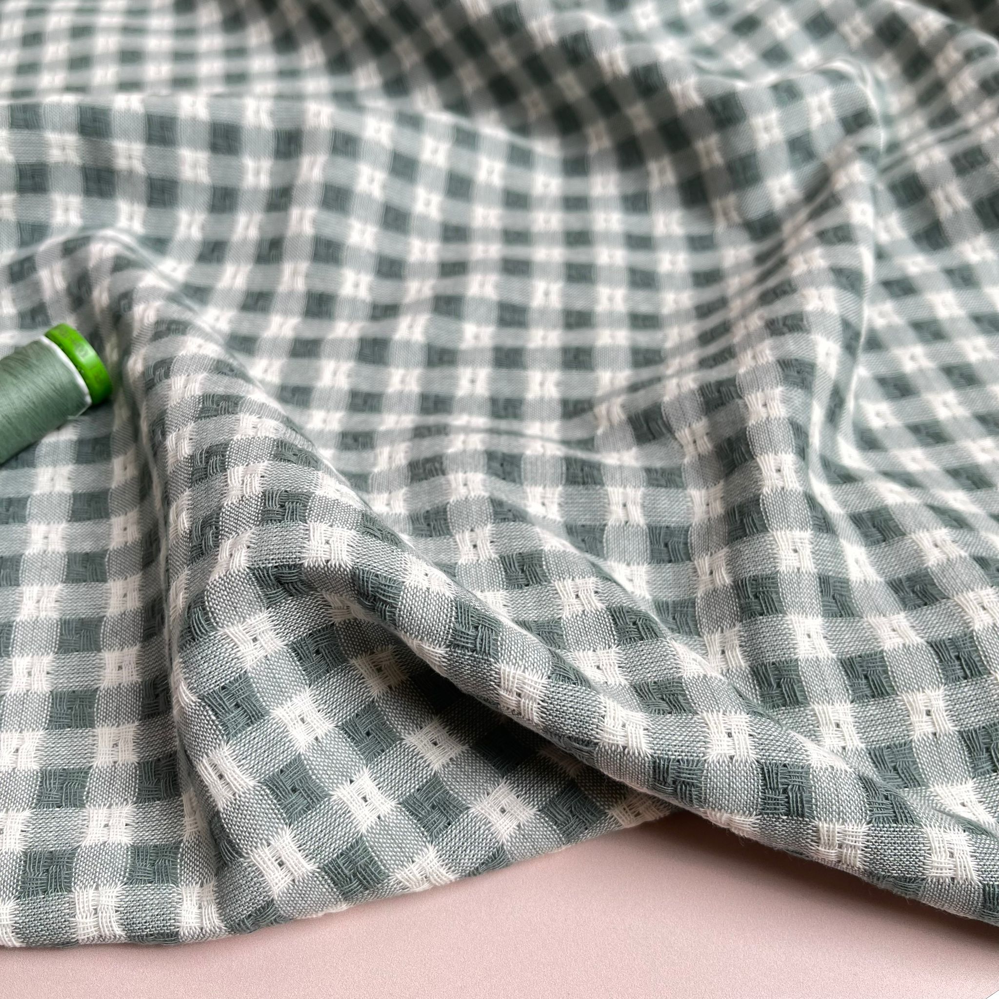 Yarn Dyed Sage Green Embroidered Cotton Gingham Fabric