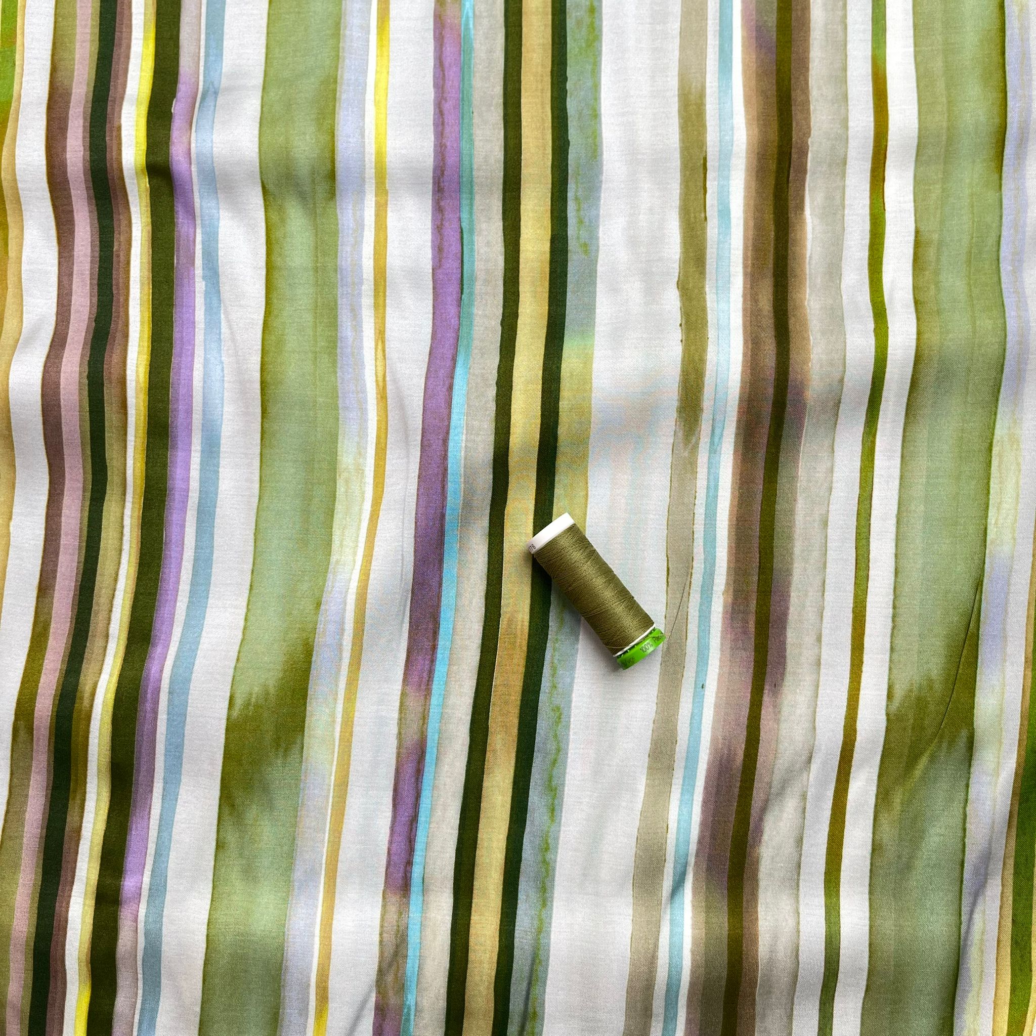 Summer Stripes Green Viscose Sateen Fabric