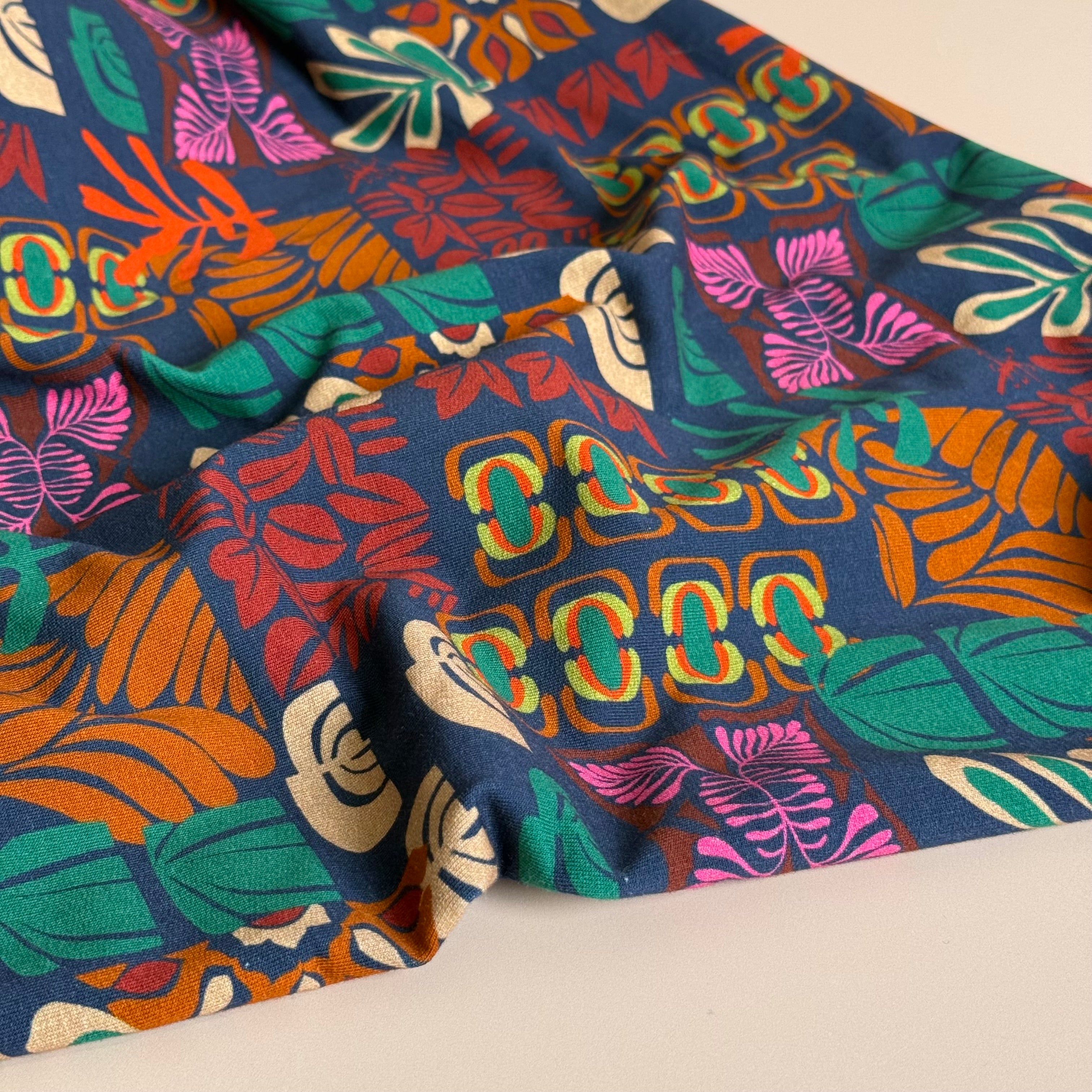 Autumn Shapes on Navy Cotton French Terry Fabricn