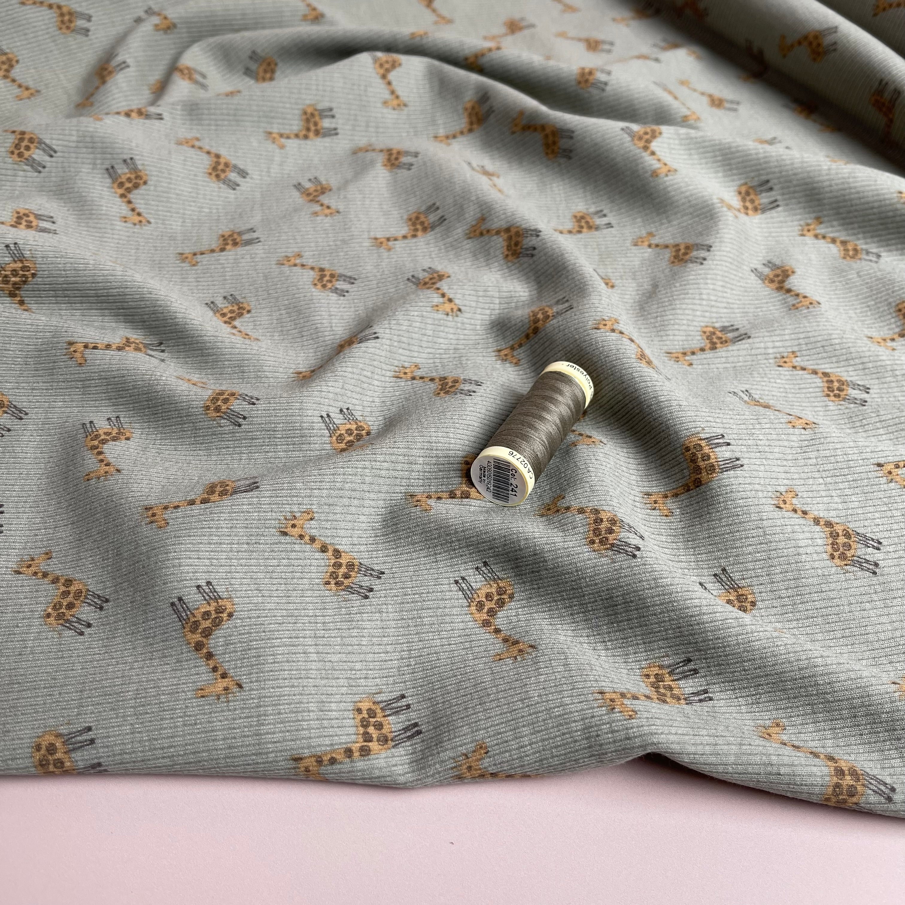 Cute Giraffes Cotton Ribbed Jersey in Olive