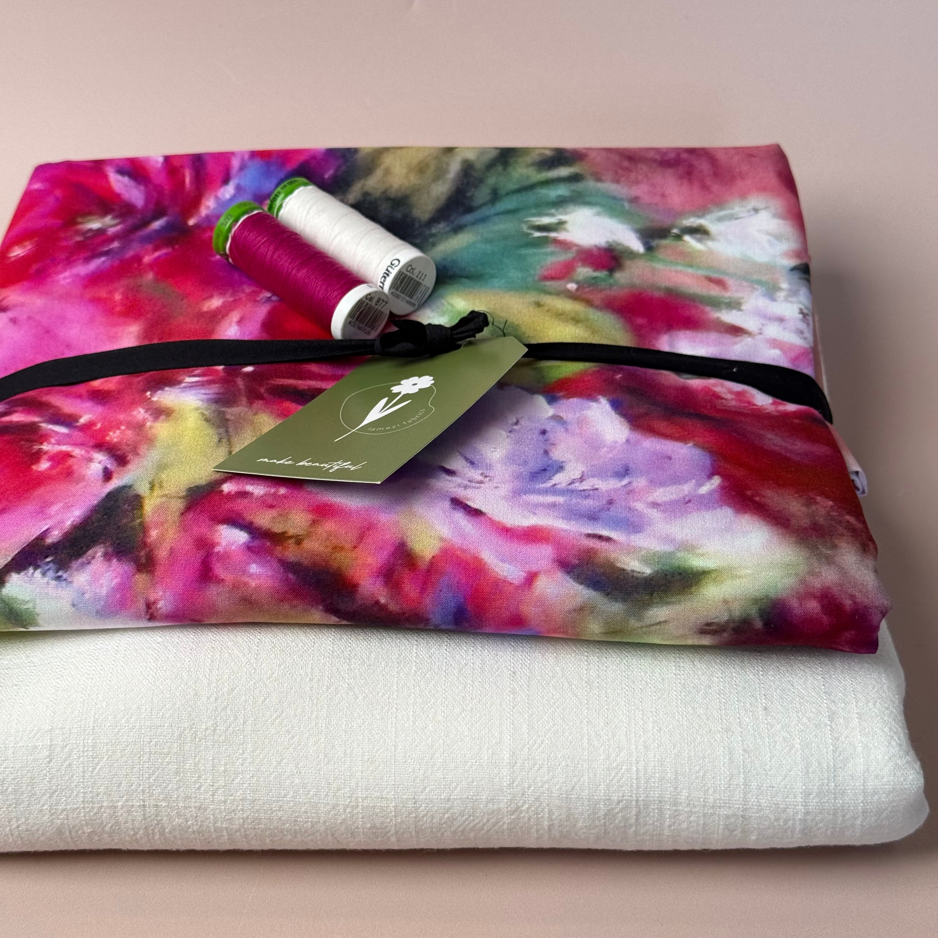 Make an Outfit Colour Bundle - Abstract Watercolour Florals Viscose with Off-White Flow Linen Blend