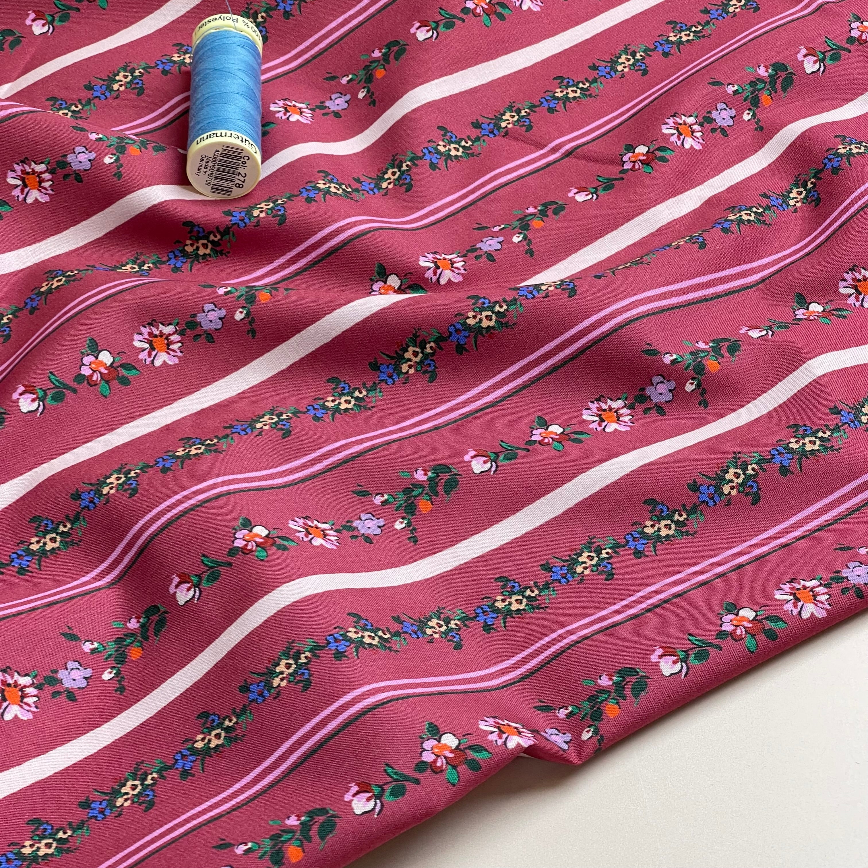Floral Stripes on Burgundy Fine Cotton Poplin Fabric