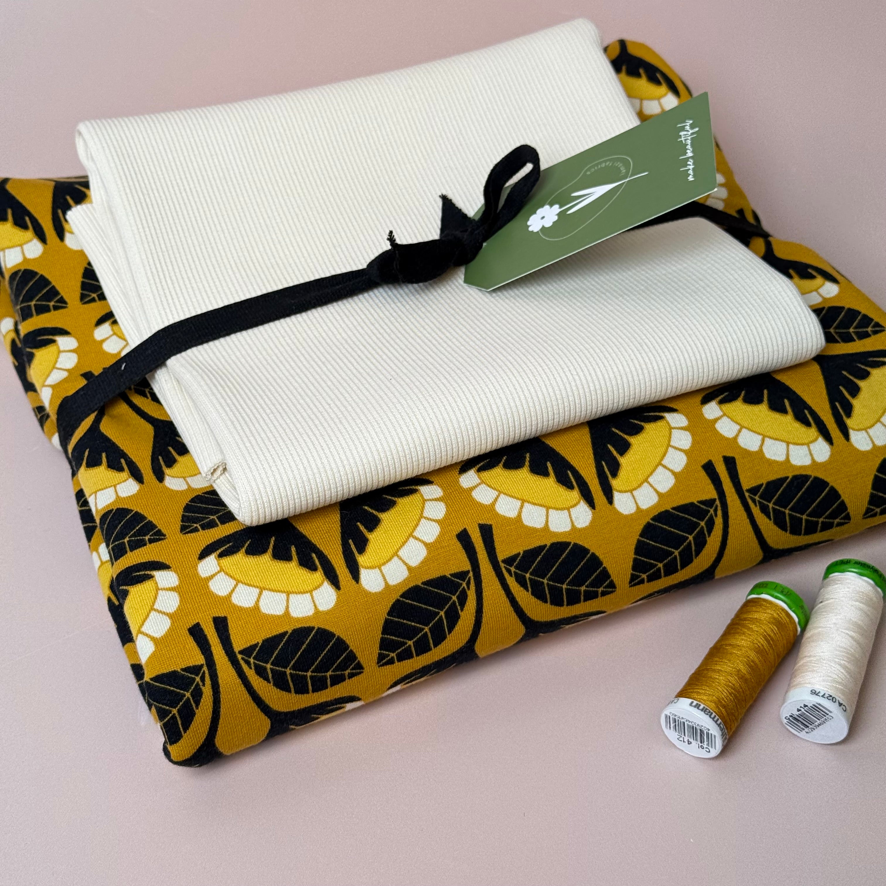 Colour Bundles - Monochrome Flowers Ochre Sweatshirt & Ribbing