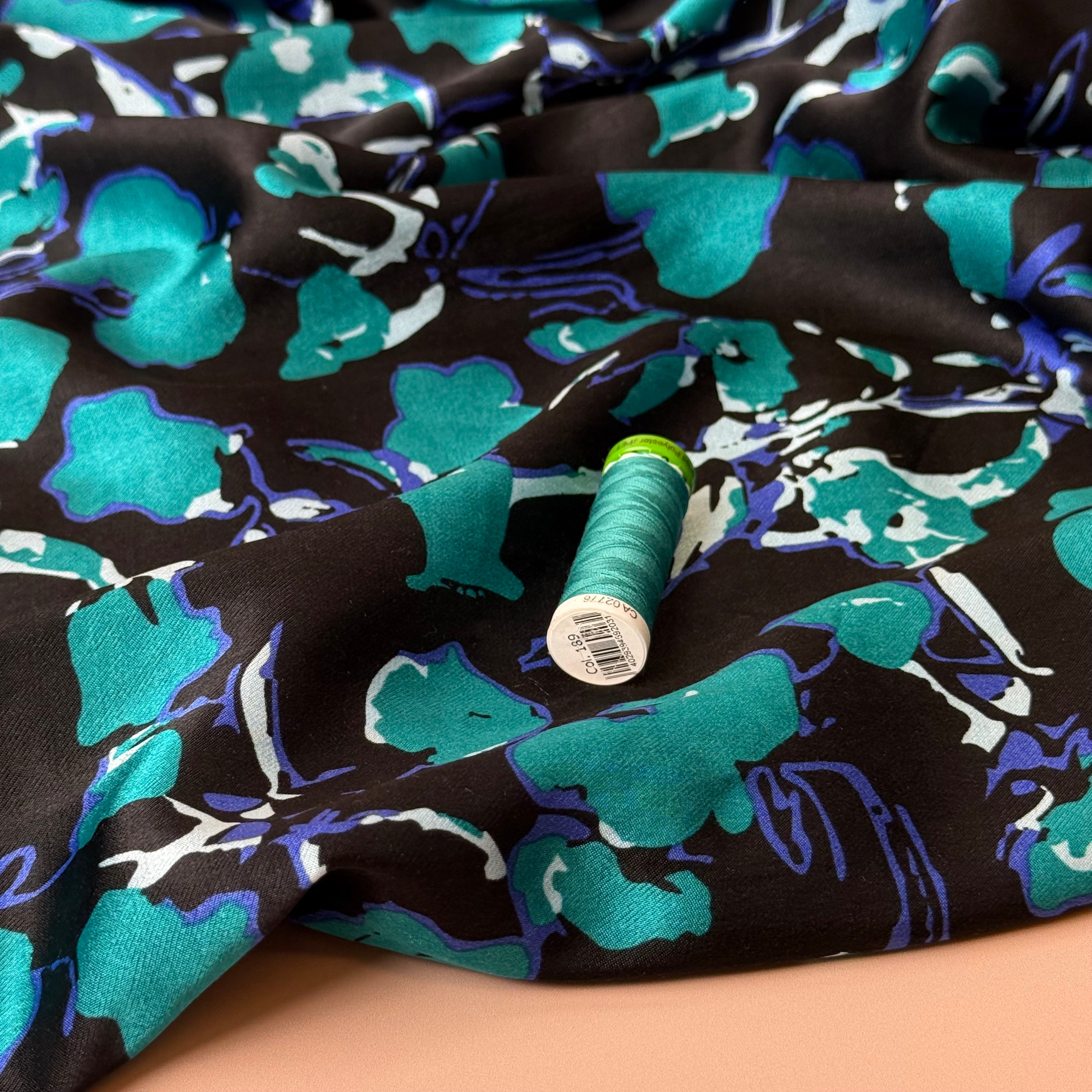 Petrol Petals Spun Viscose Sateen Fabric