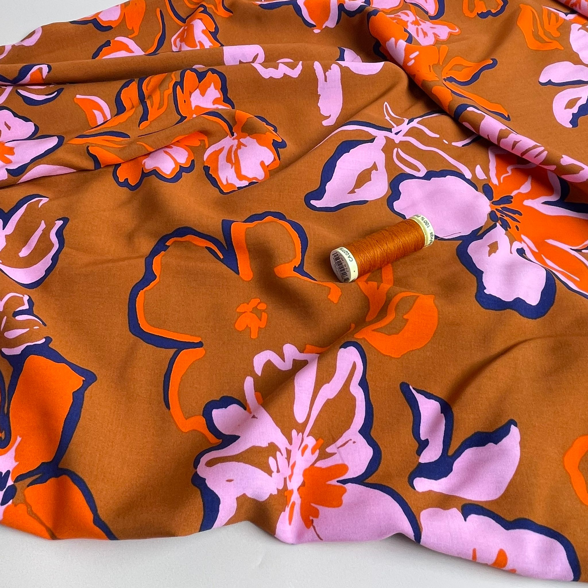 Painted Blooms on Rust LENZING™ ECOVERO™ Viscose Fabric