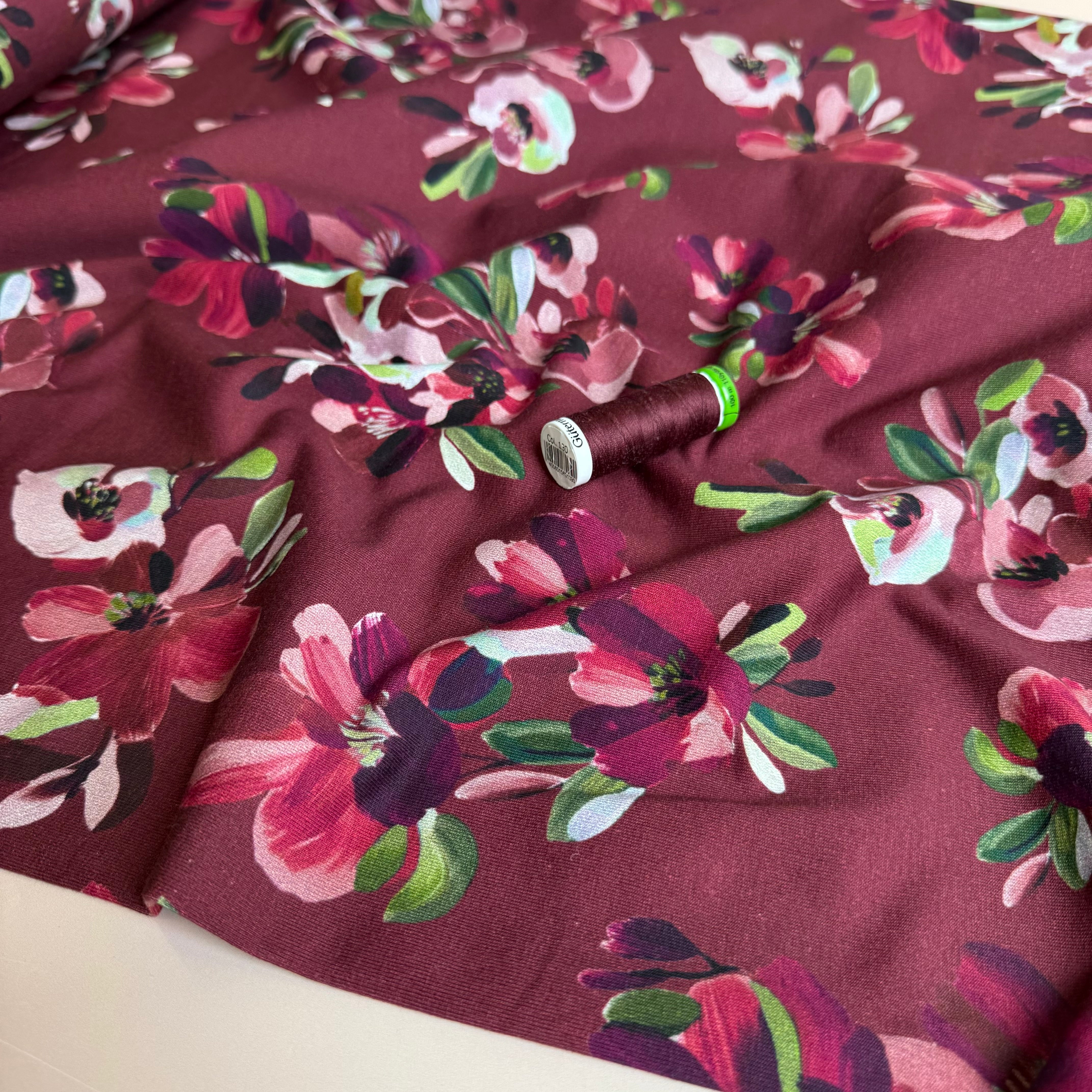 Painted Petals Wine Red Cotton French Terry Fabric