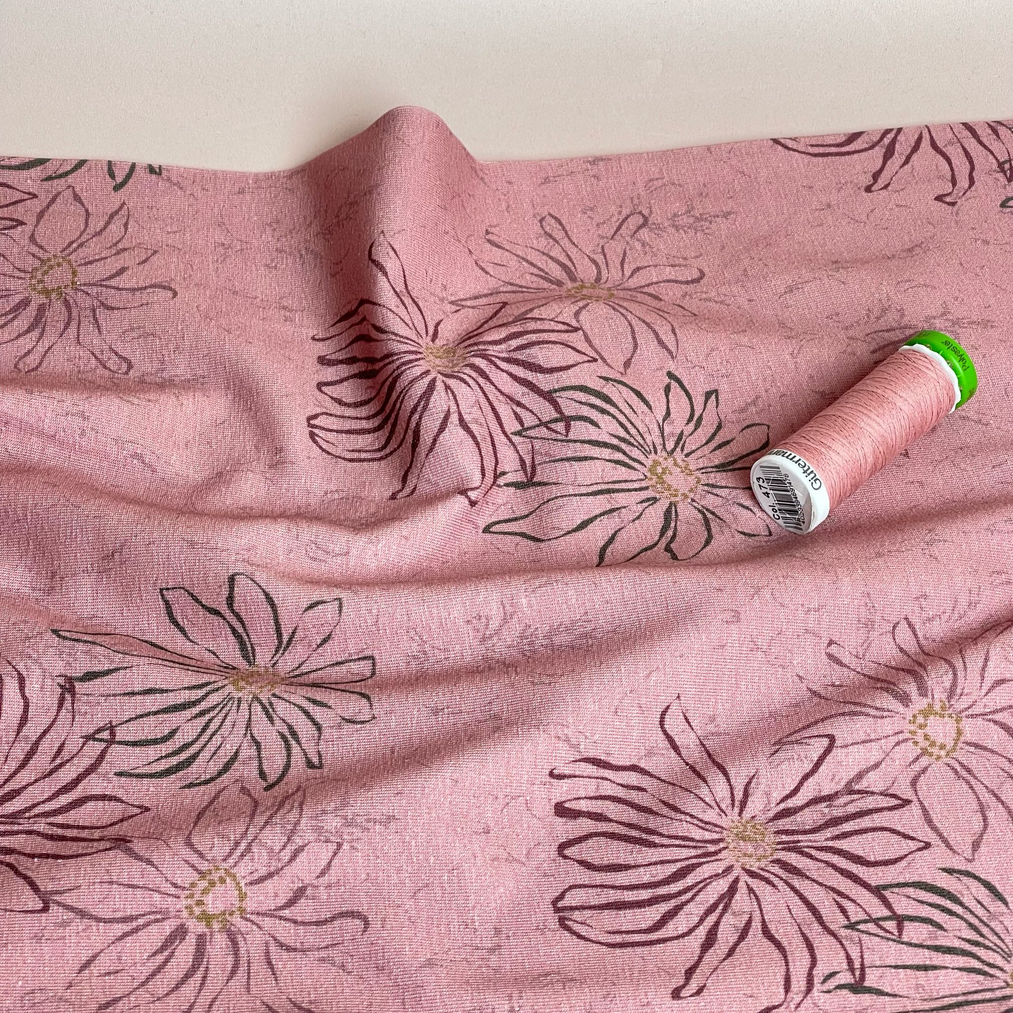 Danish Design - Floral Outline on Clay Pink Cotton Jersey Fabric