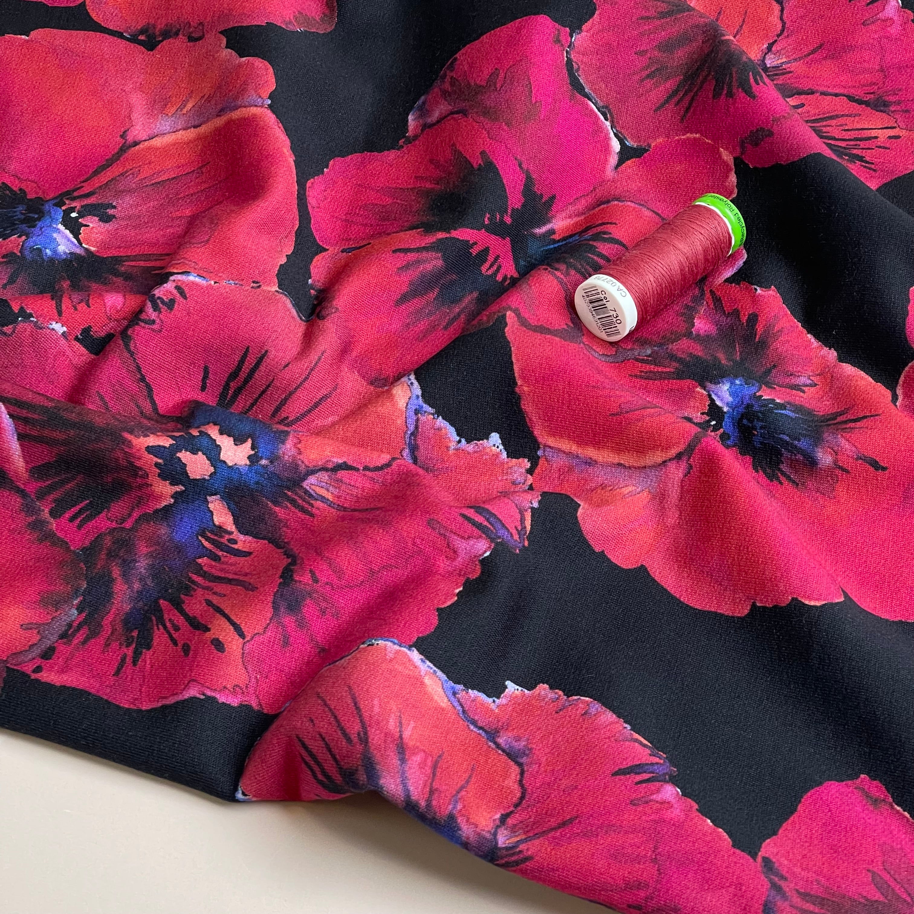 Poppies on Black Cotton French Terry Fabric