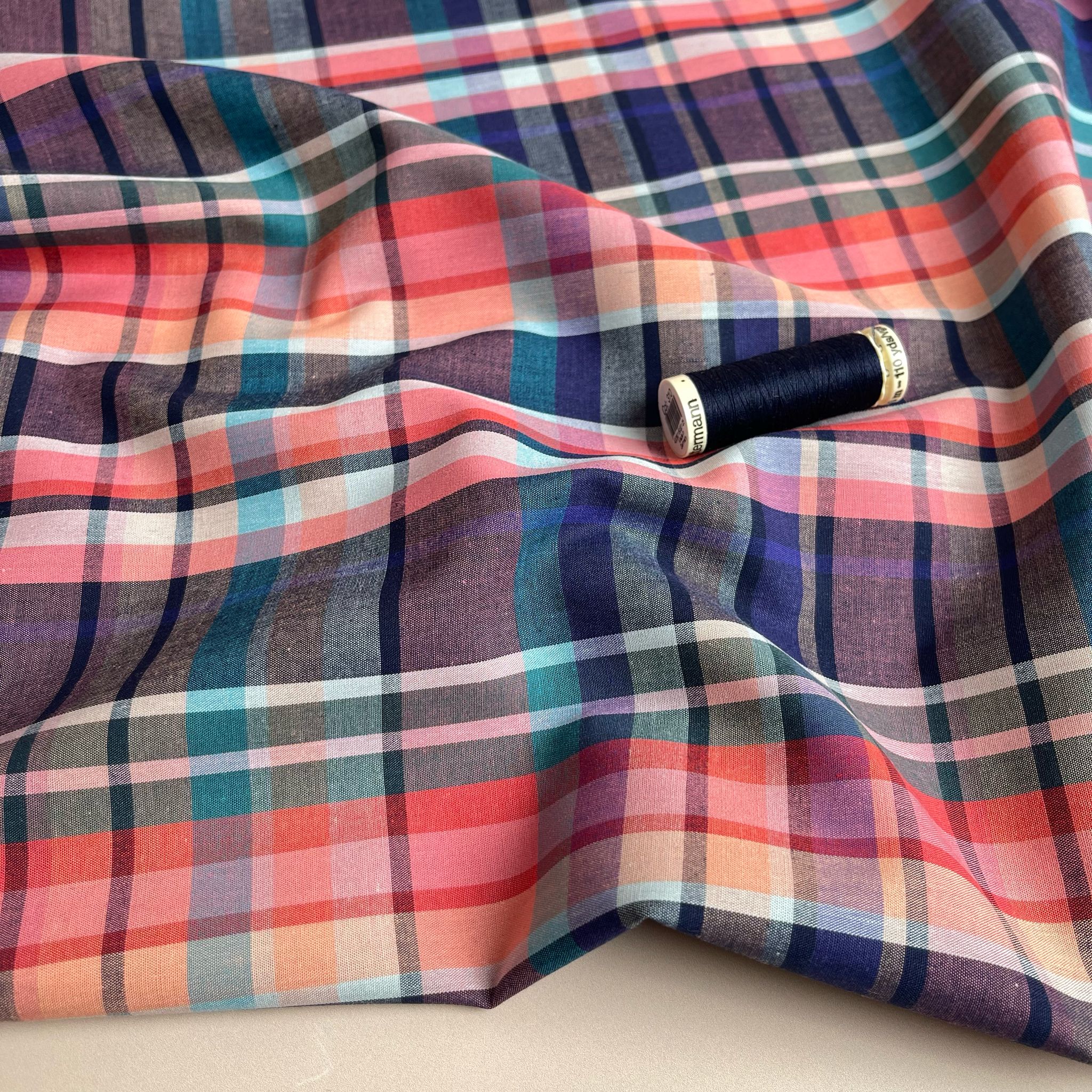 Yarn Dyed Checks in Coral and Blue Cotton Fabric