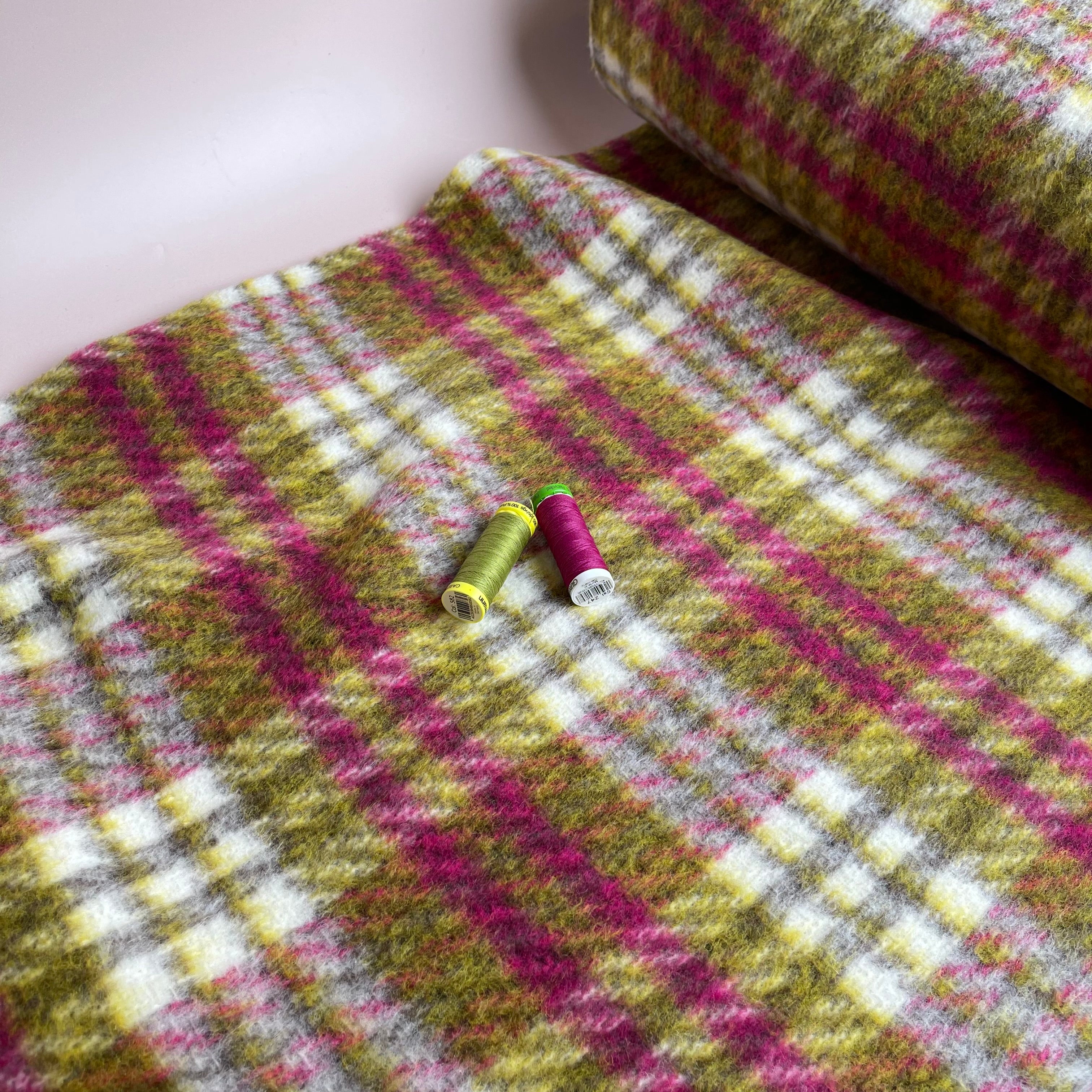 Kirstie in Green and Pink Checked Wool & Cotton Blend Coat Fabric