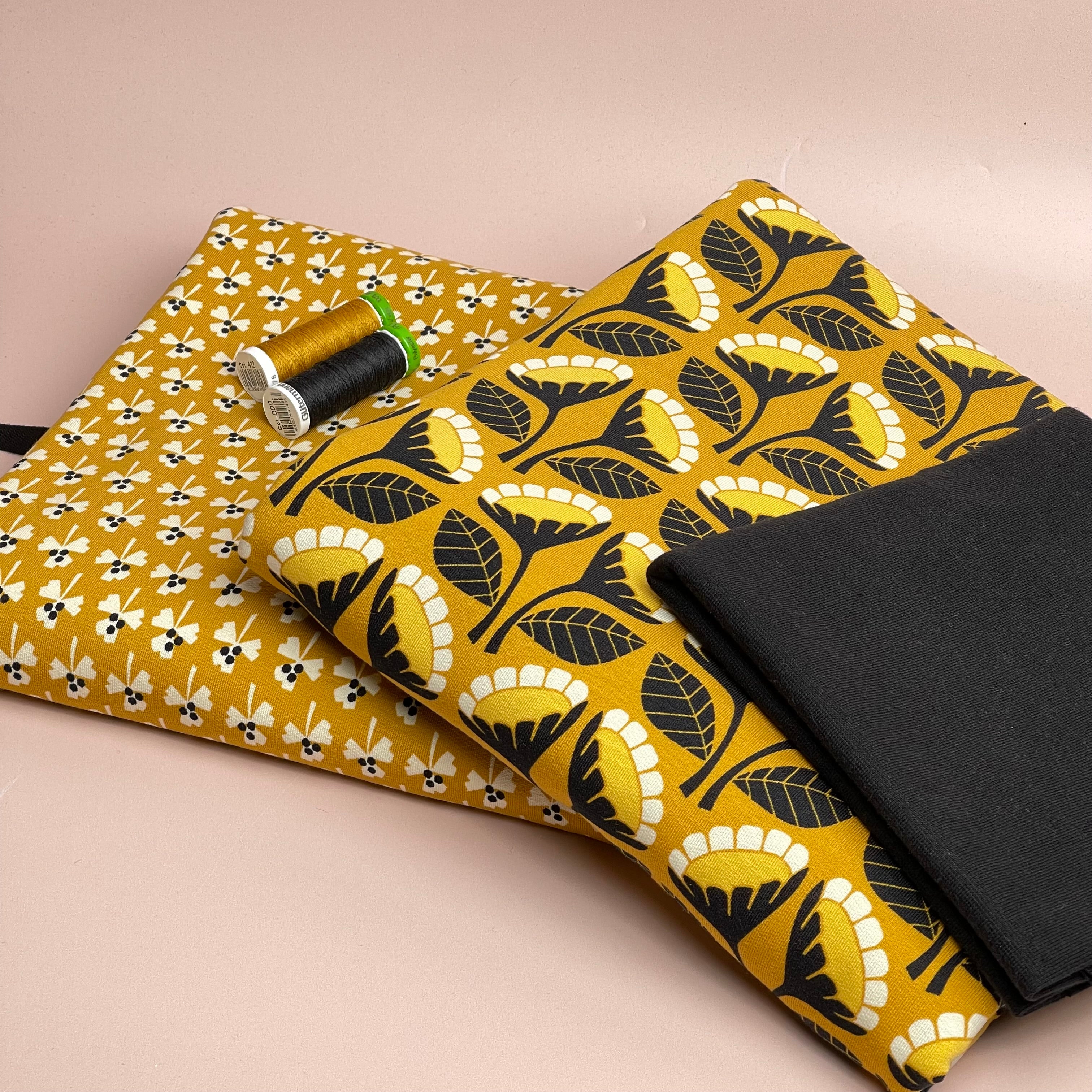 Colour Bundles - Monochrome Flowers Ochre & Black Cotton French Terry and Ribbing