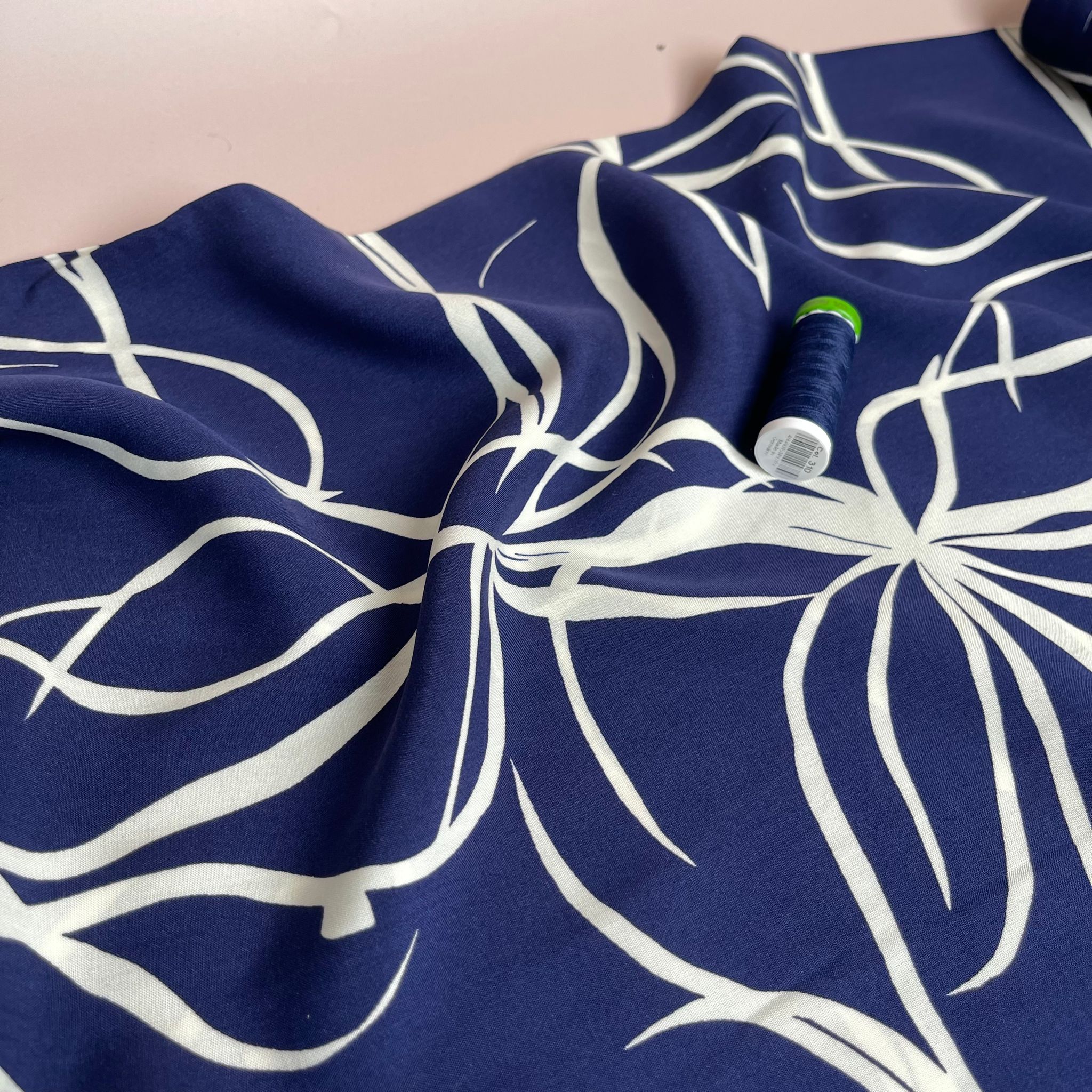Natural Lines on Navy Viscose Fabric