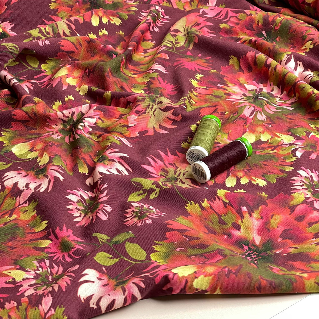 Danish Design - Firework Flowers on Burgundy Cotton Jersey