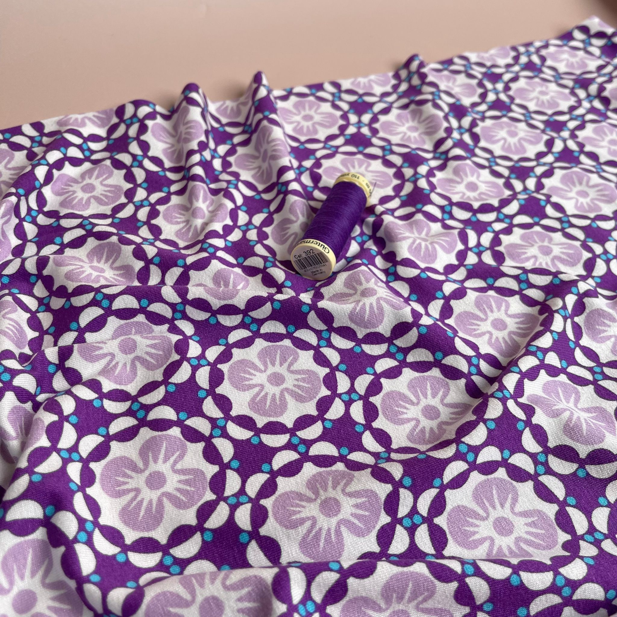 Mosaic Flowers in Purple Viscose Jersey Fabric