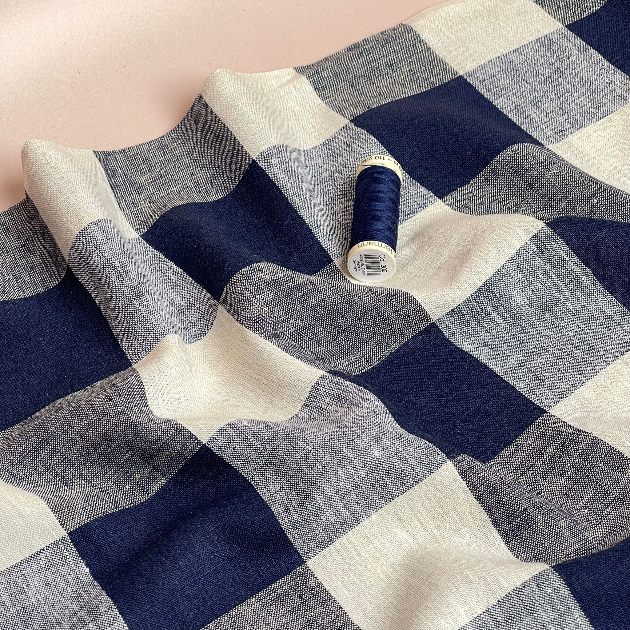 Yarn Dyed Navy Gingham Viscose Linen Fabric