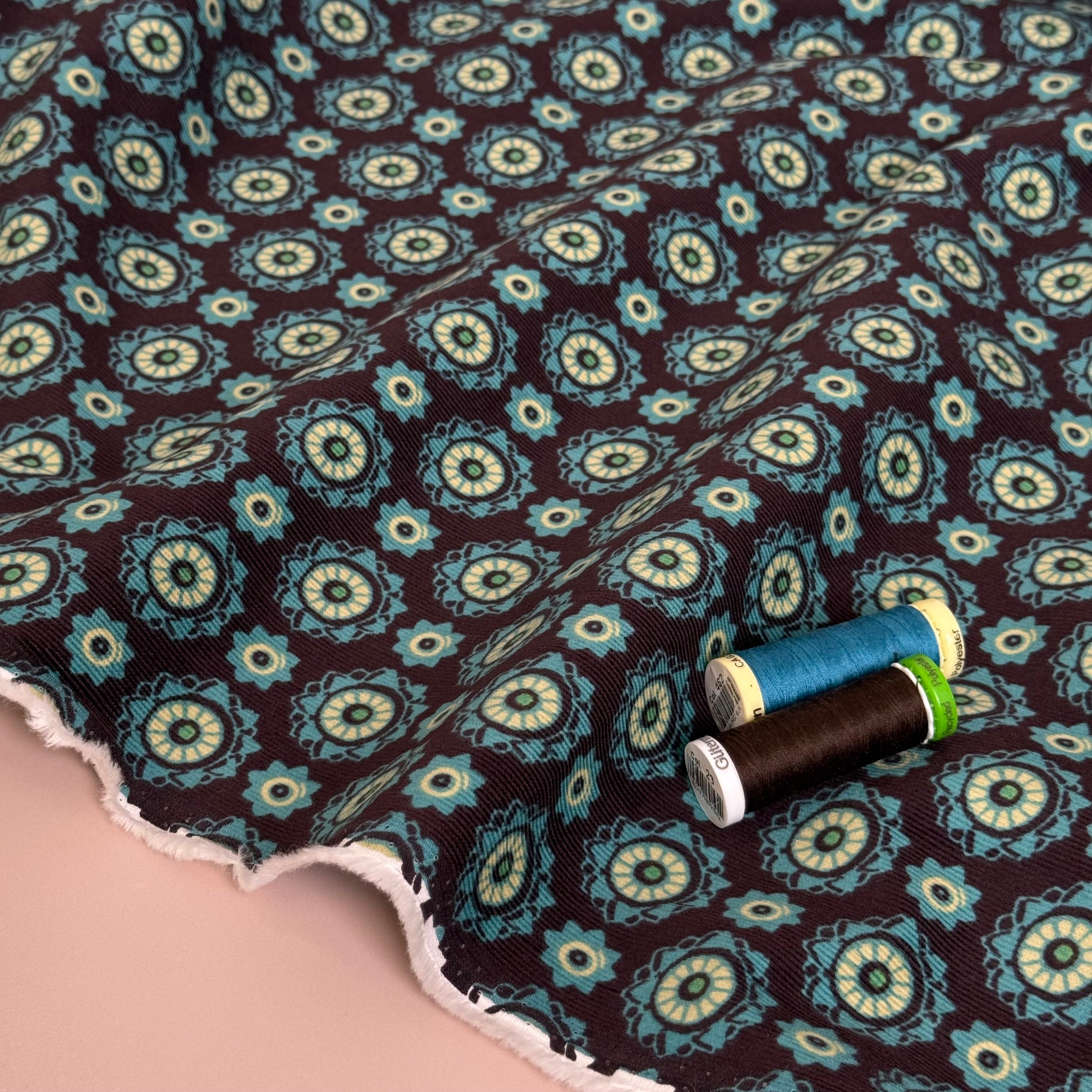 Petrol Mandala on Brown Cotton Needlecord