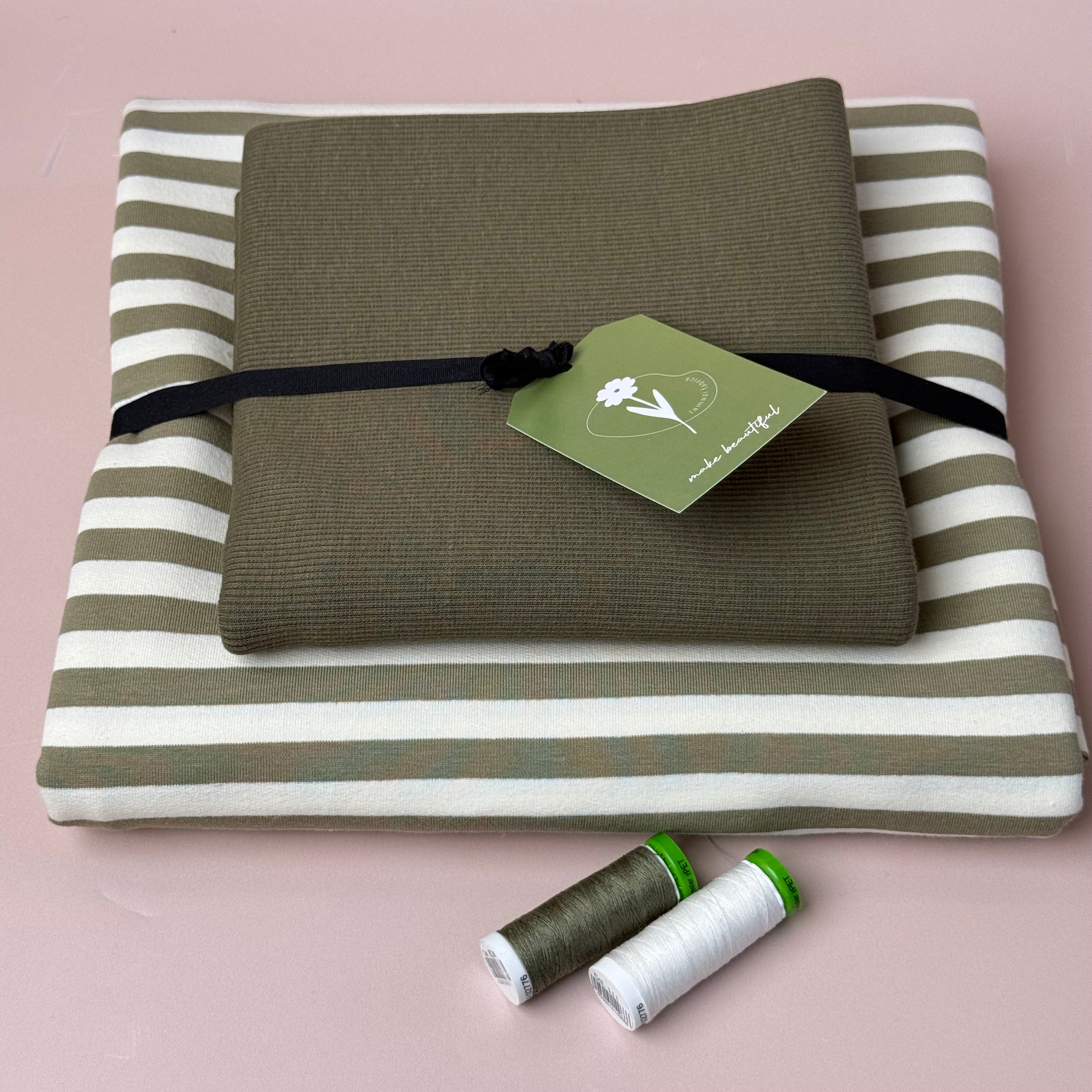 Colour Bundles - Tea Green Stripe Cotton French Terry & Ribbing