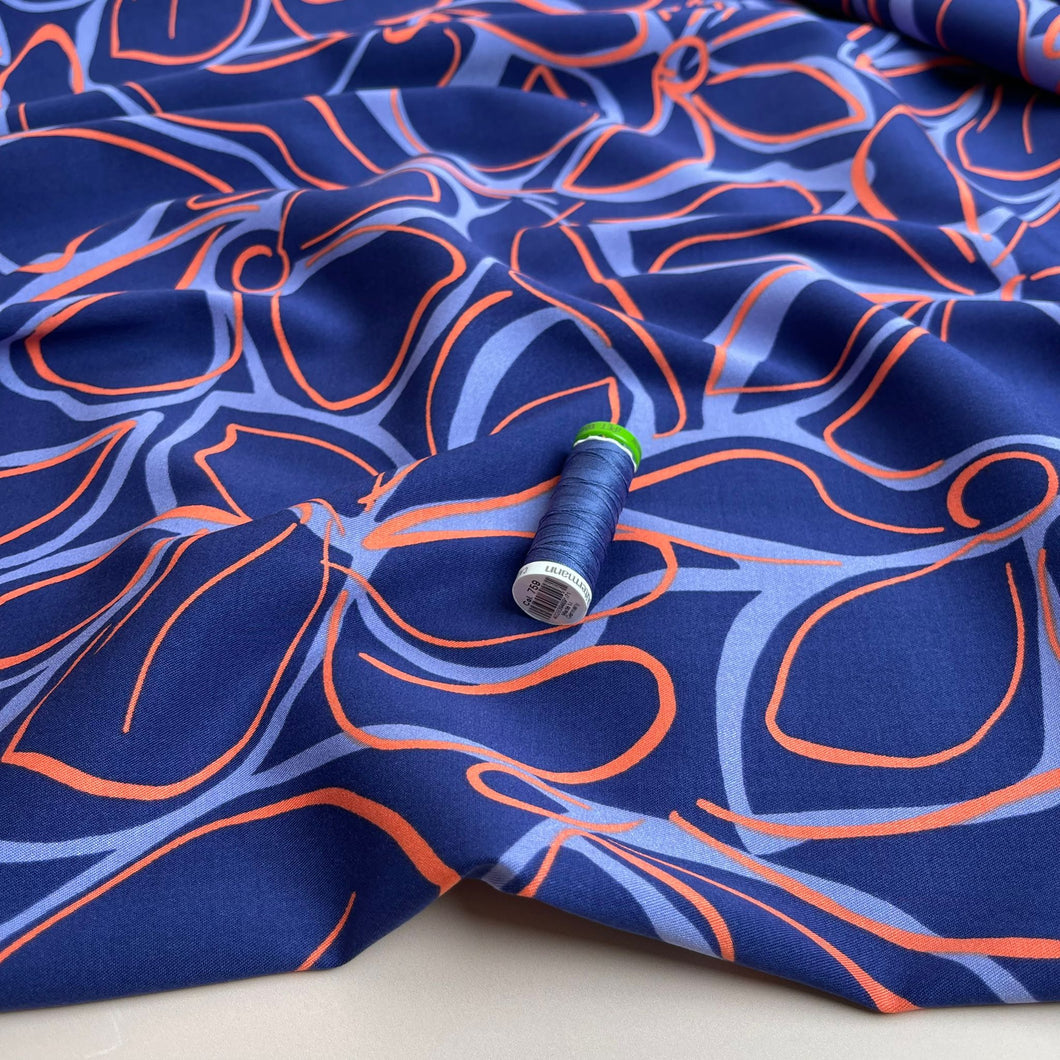 Rosella Line Flowers Navy Viscose Twill with Stretch