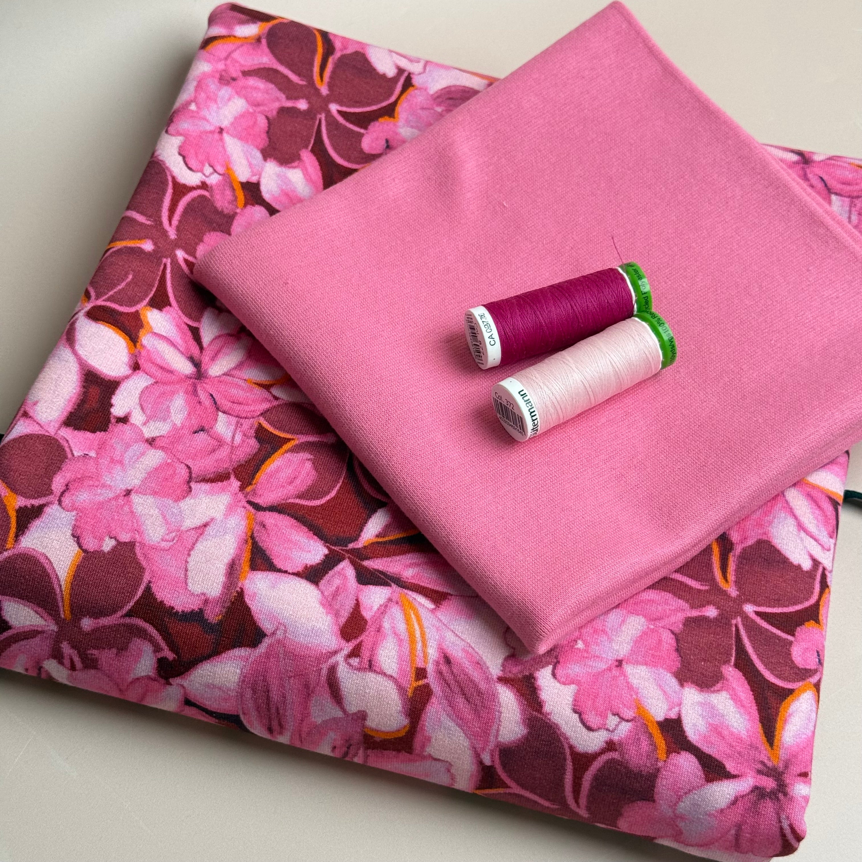Colour Bundles - Painted Petals Red Cotton French Terry & Matching Ribbing
