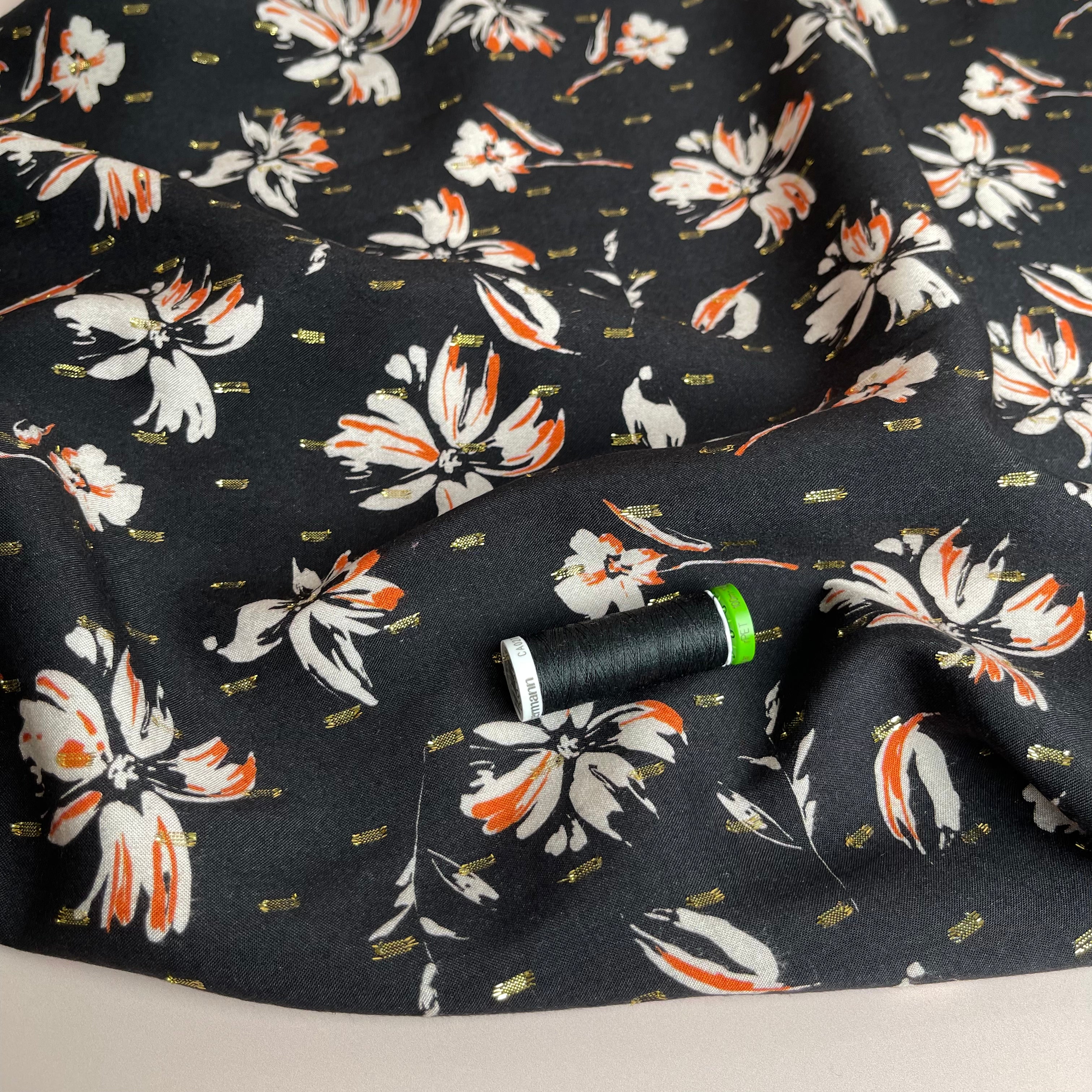 Flowers on Black with Lurex Viscose Fabric