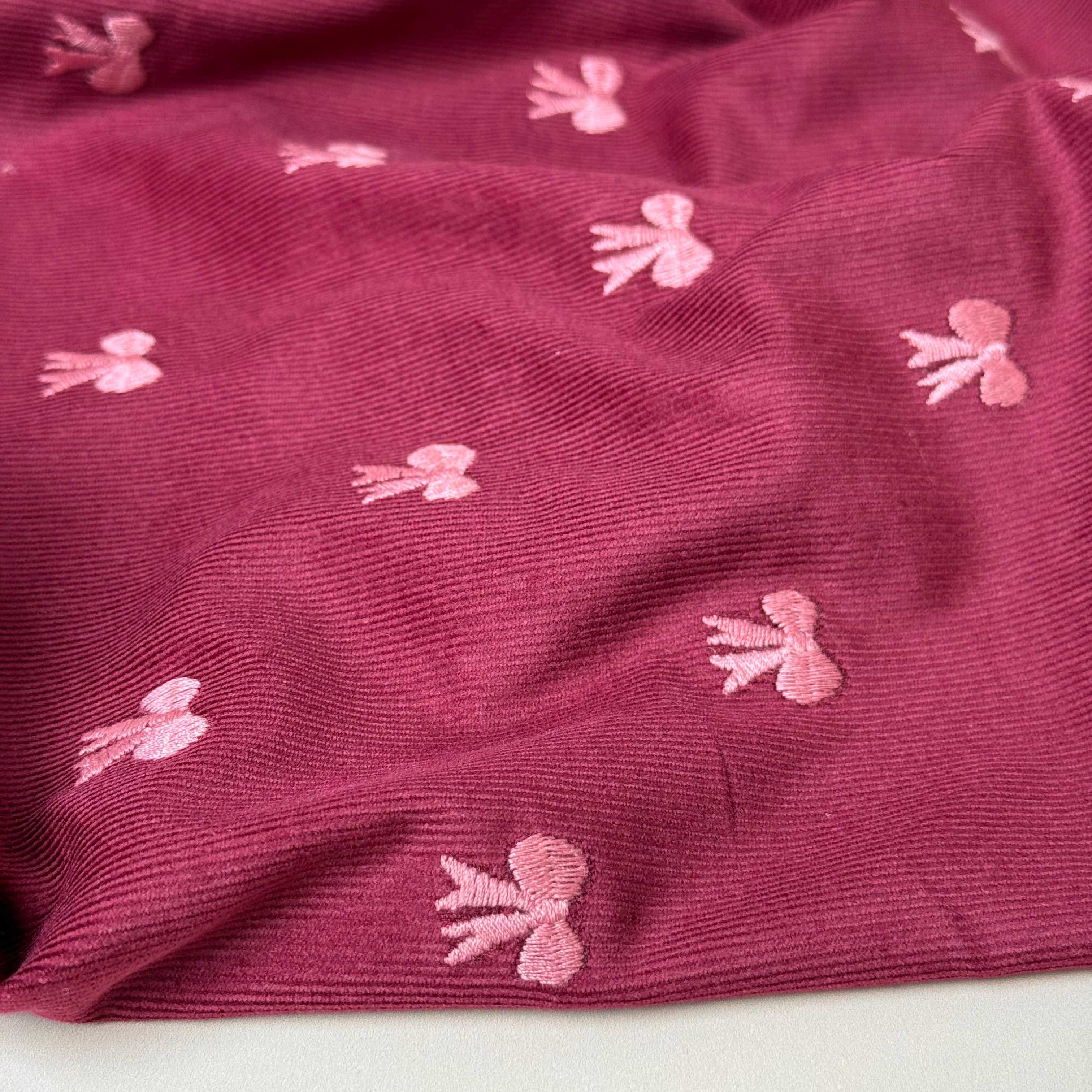 Embroidered Bows on Bordeaux Cotton Needlecord