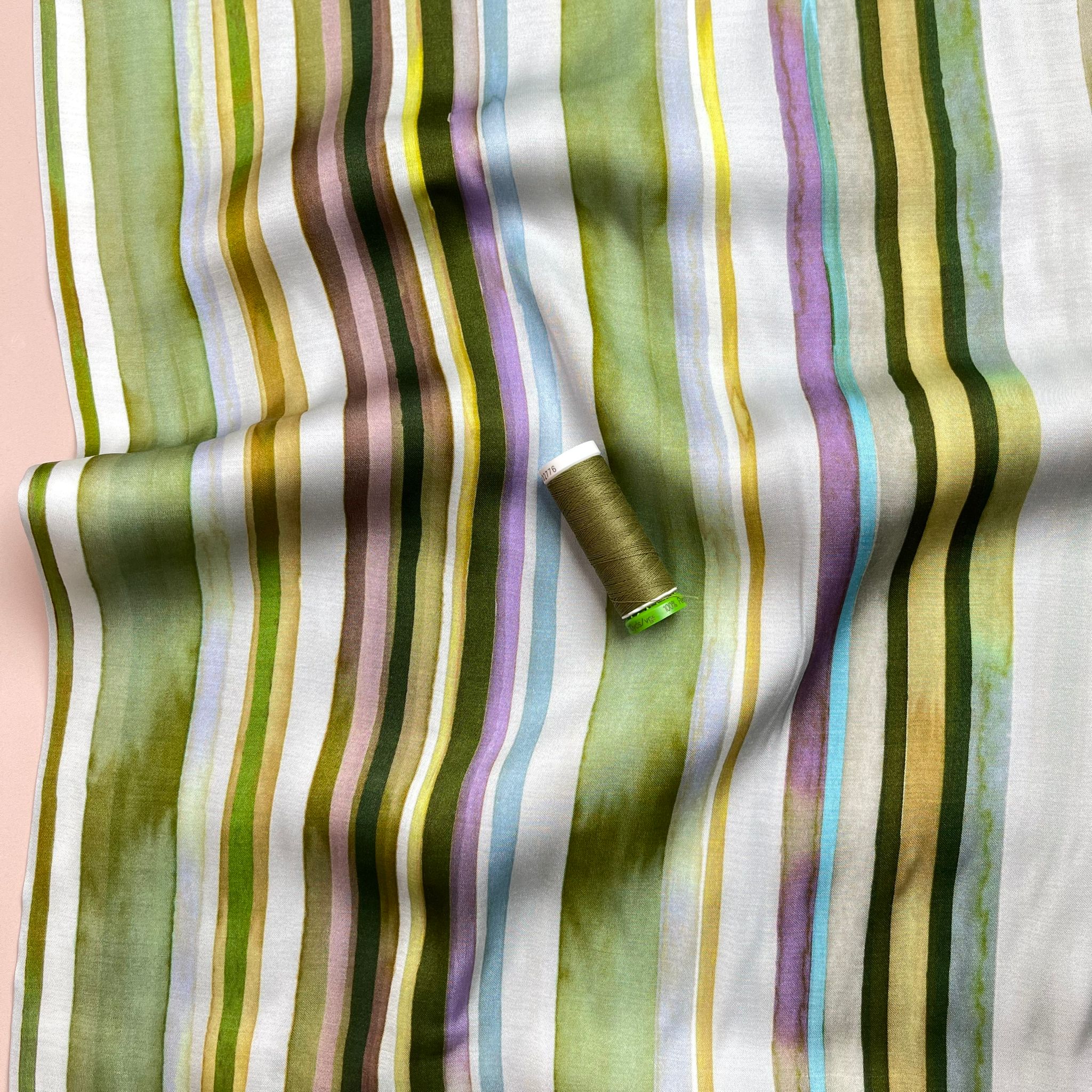 Summer Stripes Green Viscose Sateen Fabric