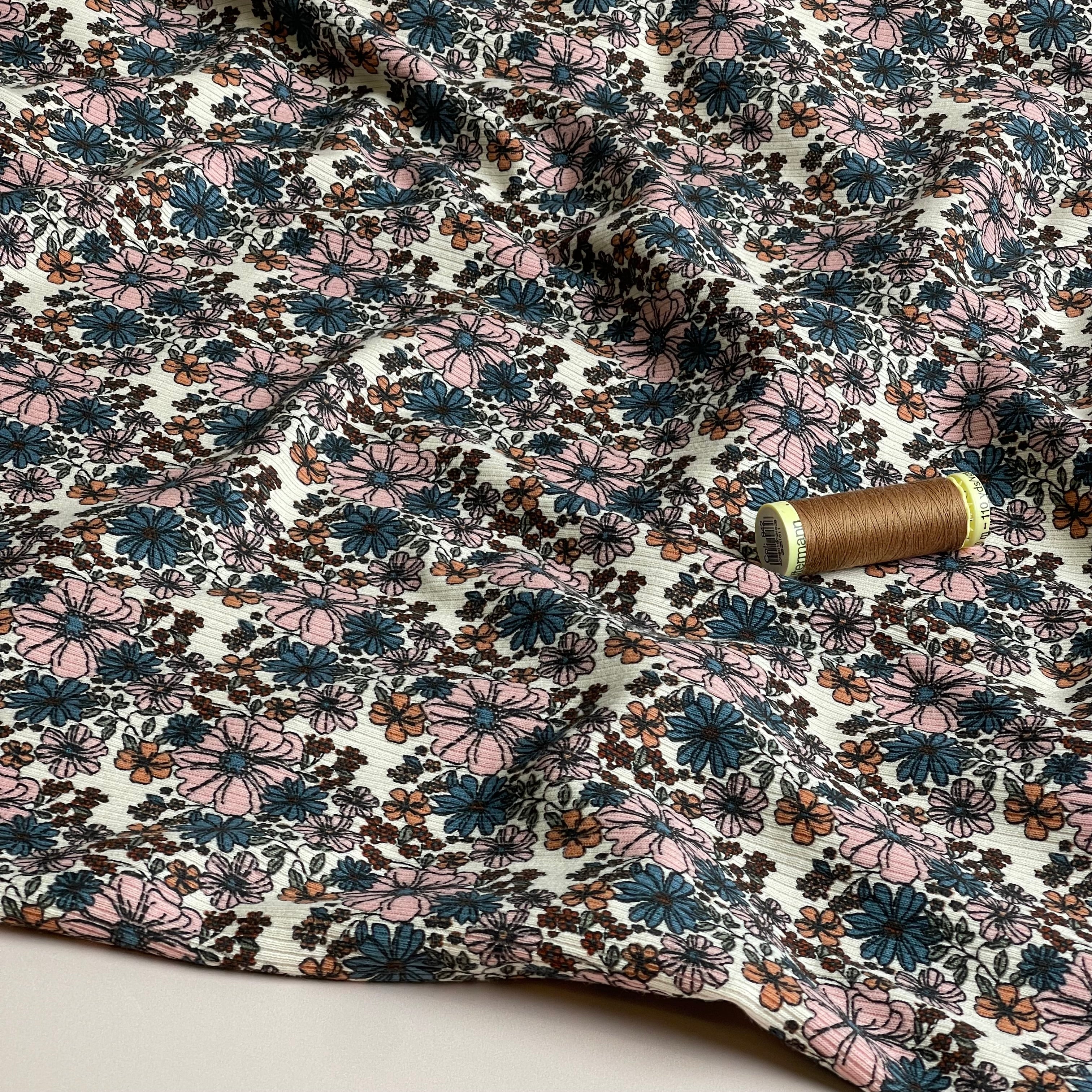 Flower Garden Petrol Cotton Ribbed Jersey