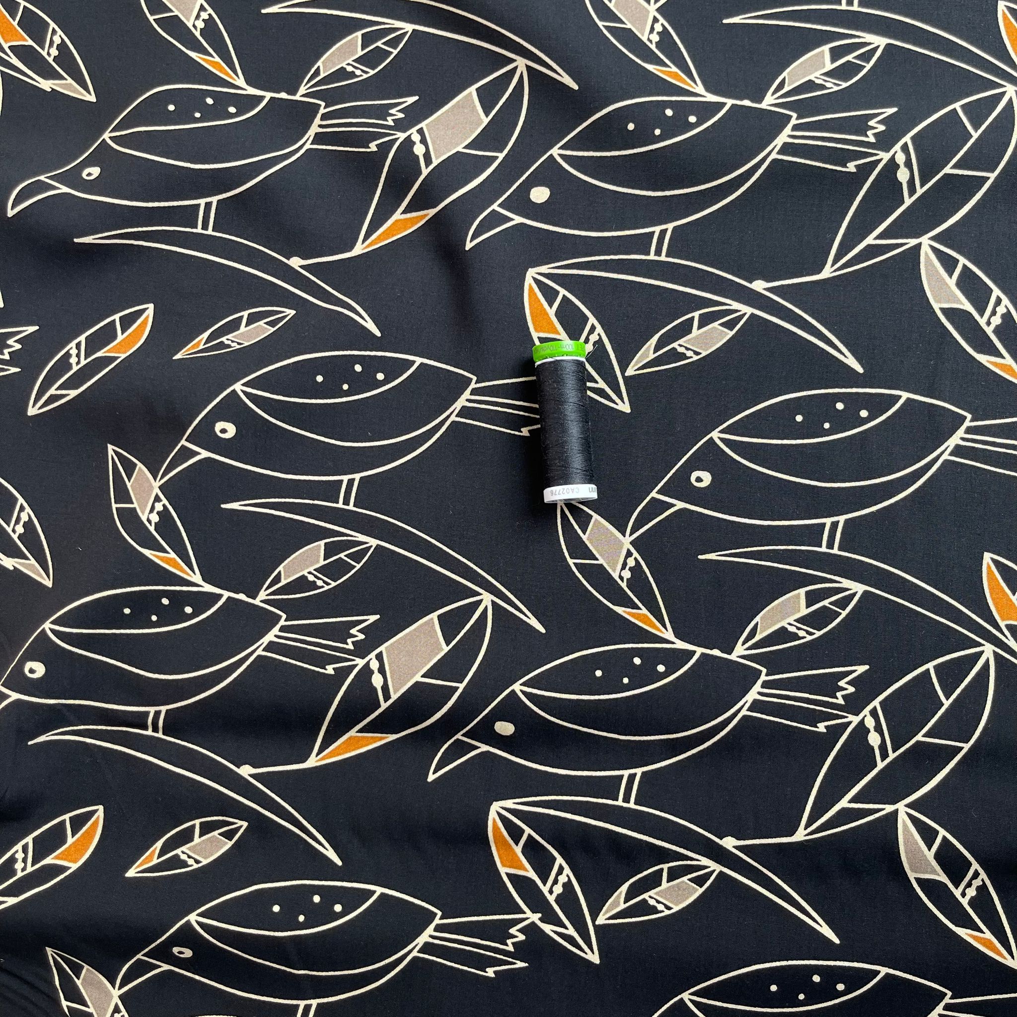 Graphic Birds Orange on Black Viscose Poplin Fabric